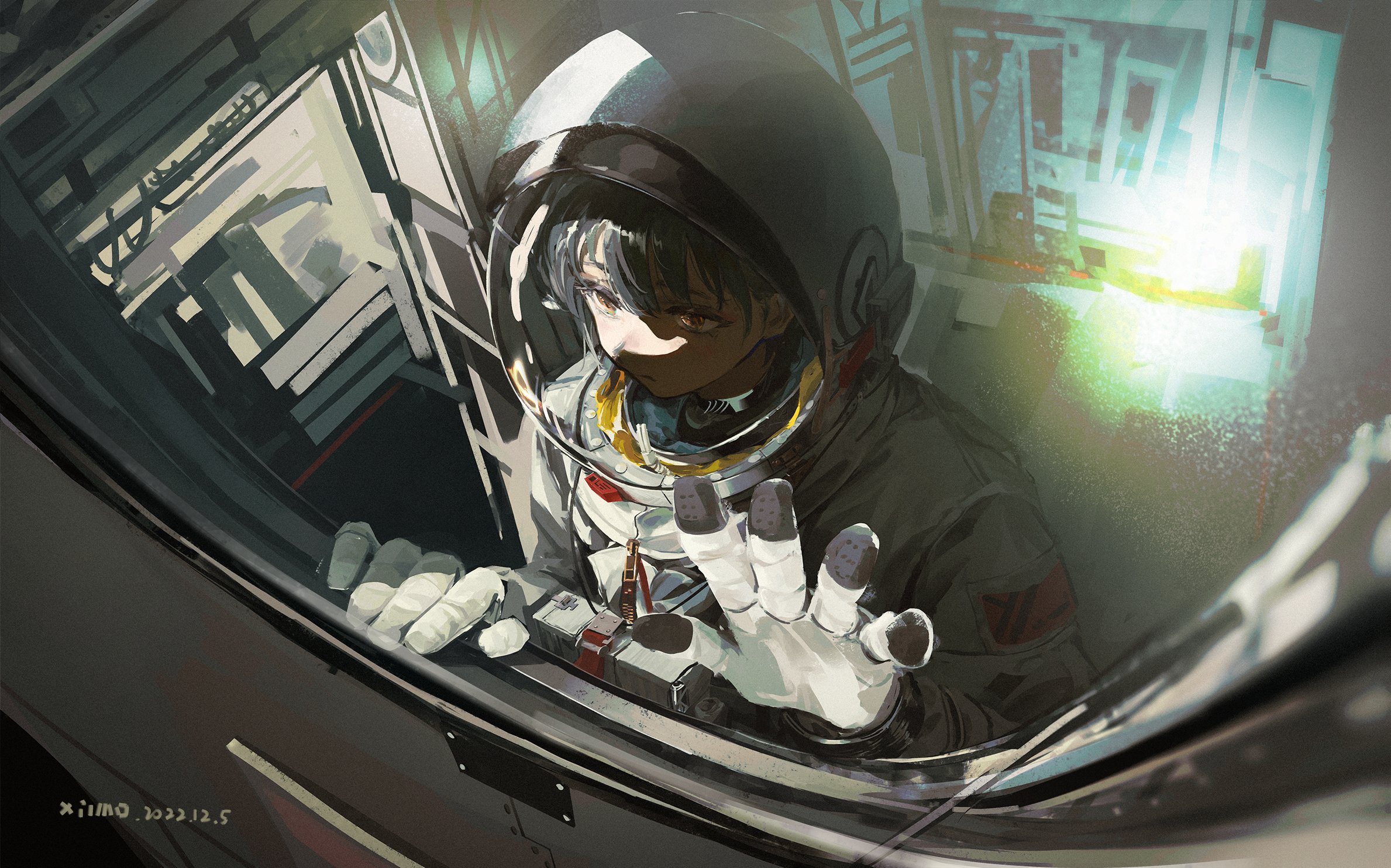 Anime 2378x1485 astronaut window yellow eyes anime girls spacesuit XilmO