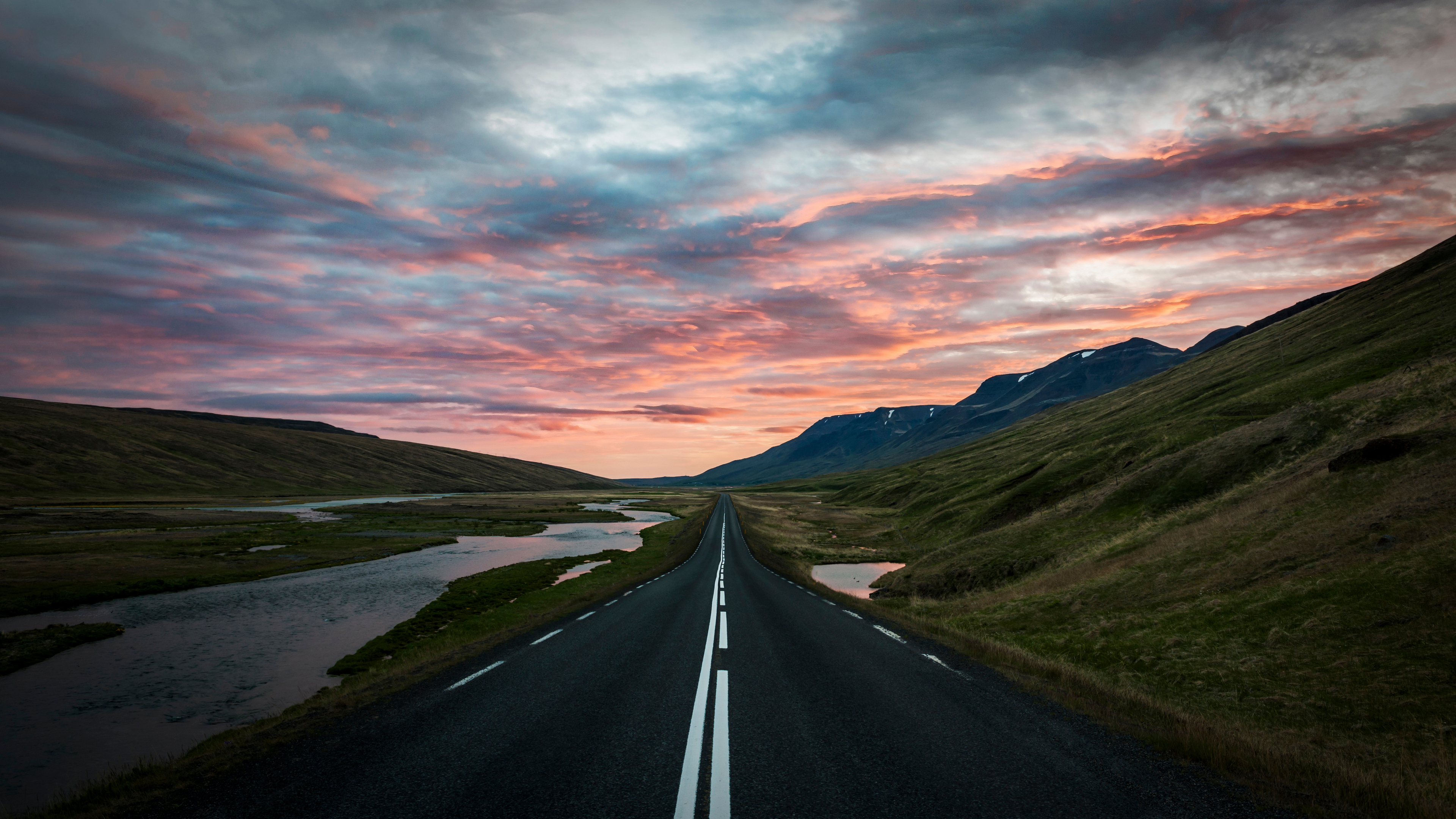 General 3840x2160 landscape Iceland Trey Ratcliff photography nature road mountains hills water sunset glow clouds sky