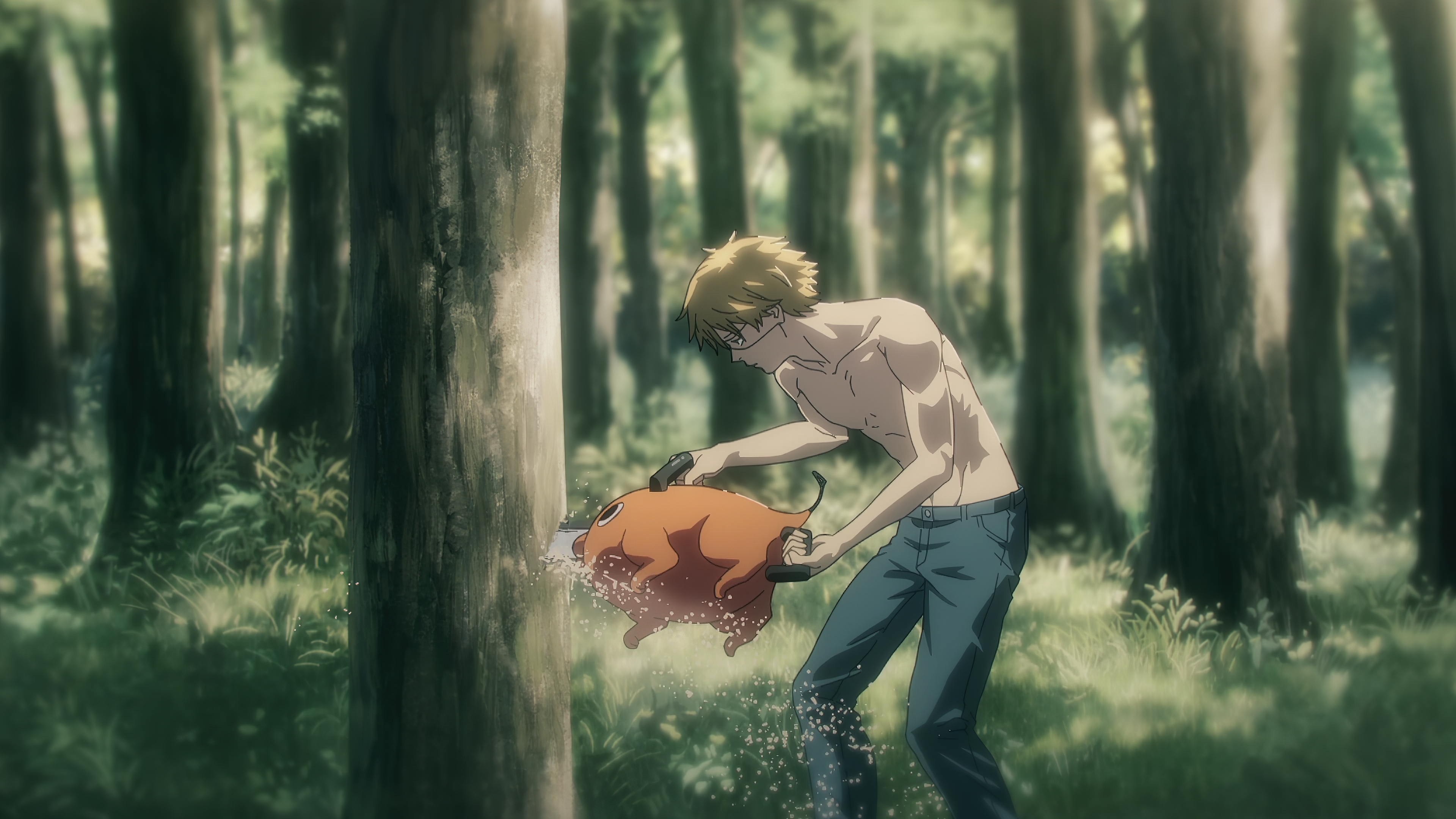 Anime 3840x2160 Chainsaw Man anime 4K anime screenshot Denji (Chainsaw Man) Pochita (Chainsaw Man) anime boys trees forest nature chainsaws