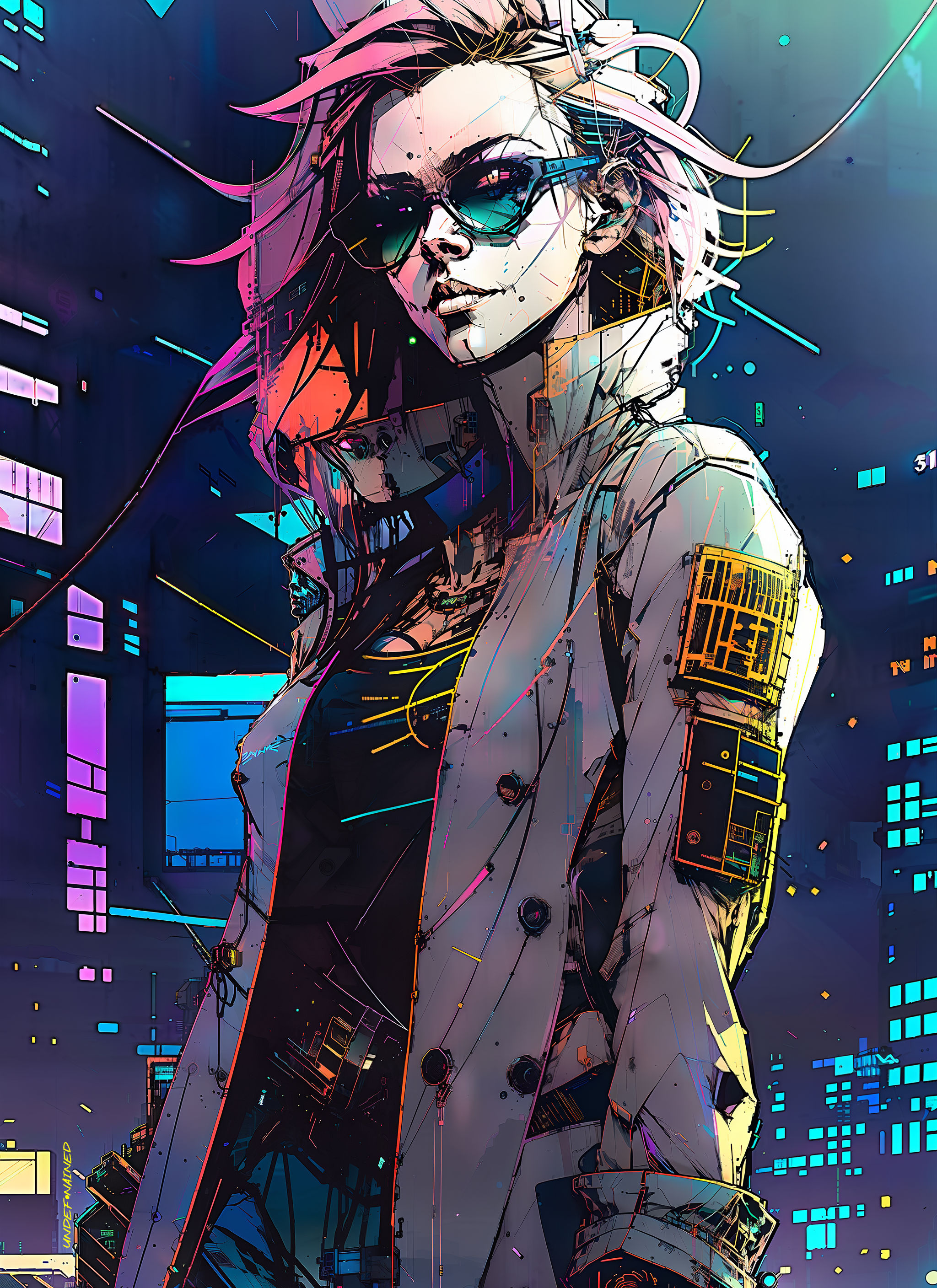 General 2048x2816 inkpunk cyberpunk AI art jacket pink hair sunglasses fantasy art fantasy girl city lights