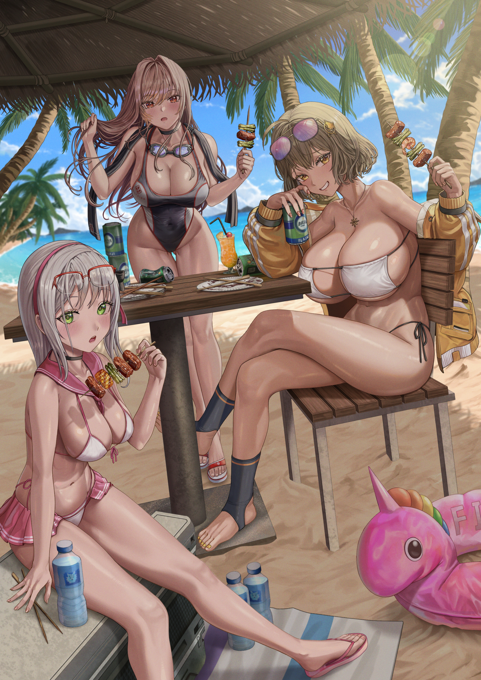 Anime 1612x2280 Nikke: The Goddess of Victory anime girls portrait display Anis (Nikke: The Goddess of Victory) Neon (Nikke: The Goddess of Victory) Rapi (Nikke: The Goddess of Victory) group of women bikini looking at viewer horizon SilverTsuki palm trees food women on beach legs crossed outdoors huge breasts big boobs cleavage bare shoulders sunglasses swimwear one-piece swimsuit beach table women outdoors floater water bottle can meat water glasses drink sea thighs choker sky clouds sand feet sunlight sitting