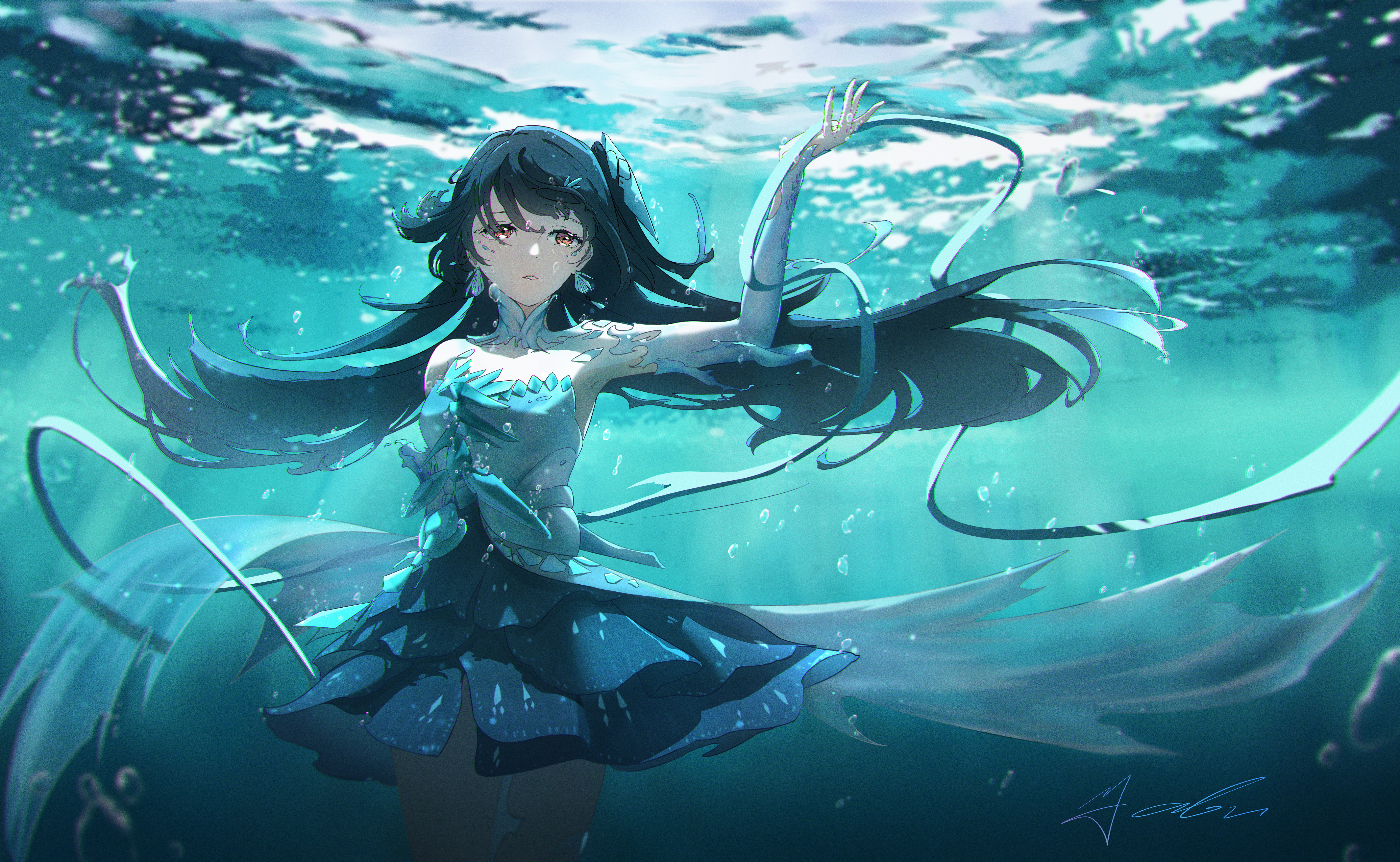 Anime 9743x6000 anime anime girls underwater water dress in water long hair earring signature bubbles