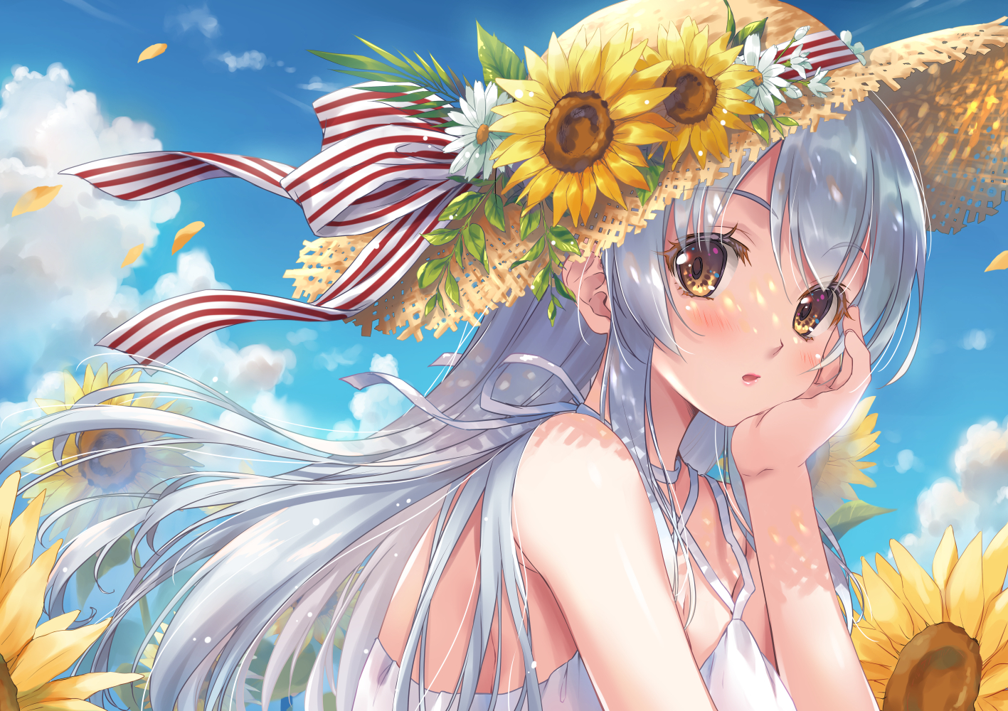Anime 1417x1000 anime anime girls sunflowers straw hat petals blushing looking at viewer yellow eyes silver hair sky clouds flowers hand on face leaves