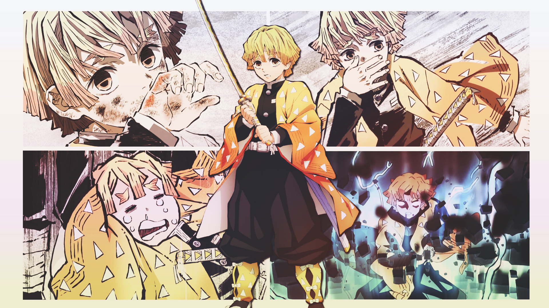 Anime 1920x1080 anime collage DinocoZero anime boys Kimetsu no Yaiba Zenitsu Agatsuma uniform katana weapon tears crying standing looking at viewer blonde lightning