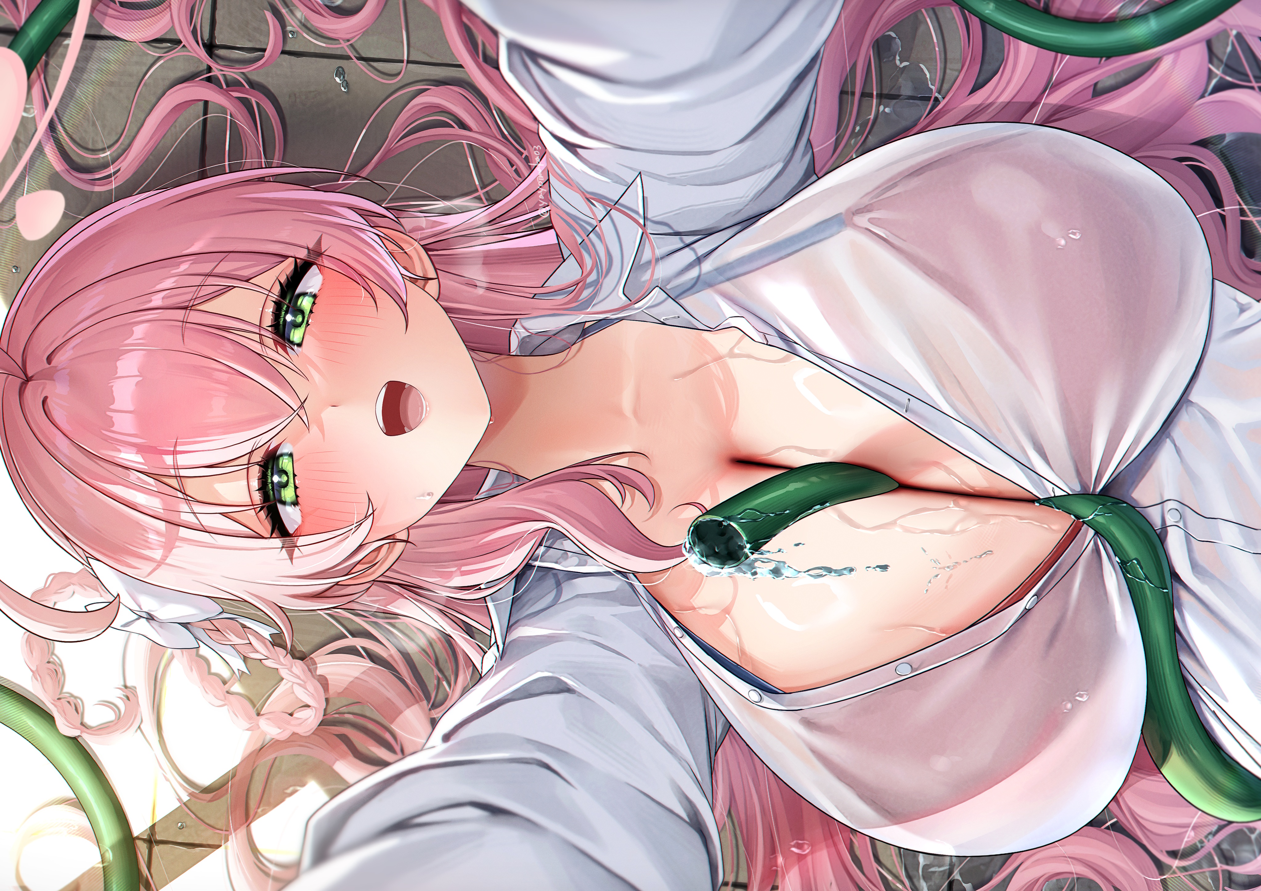 Anime 4093x2894 Blue Archive lying down Hanako (blue archive) looking at viewer cleavage huge breasts wet body wet clothing pink hair long hair open mouth smiling green eyes lens flare braids shirt white shirt open shirt Yayoi Maka (Artist) wet item between boobs water garden hose blushing