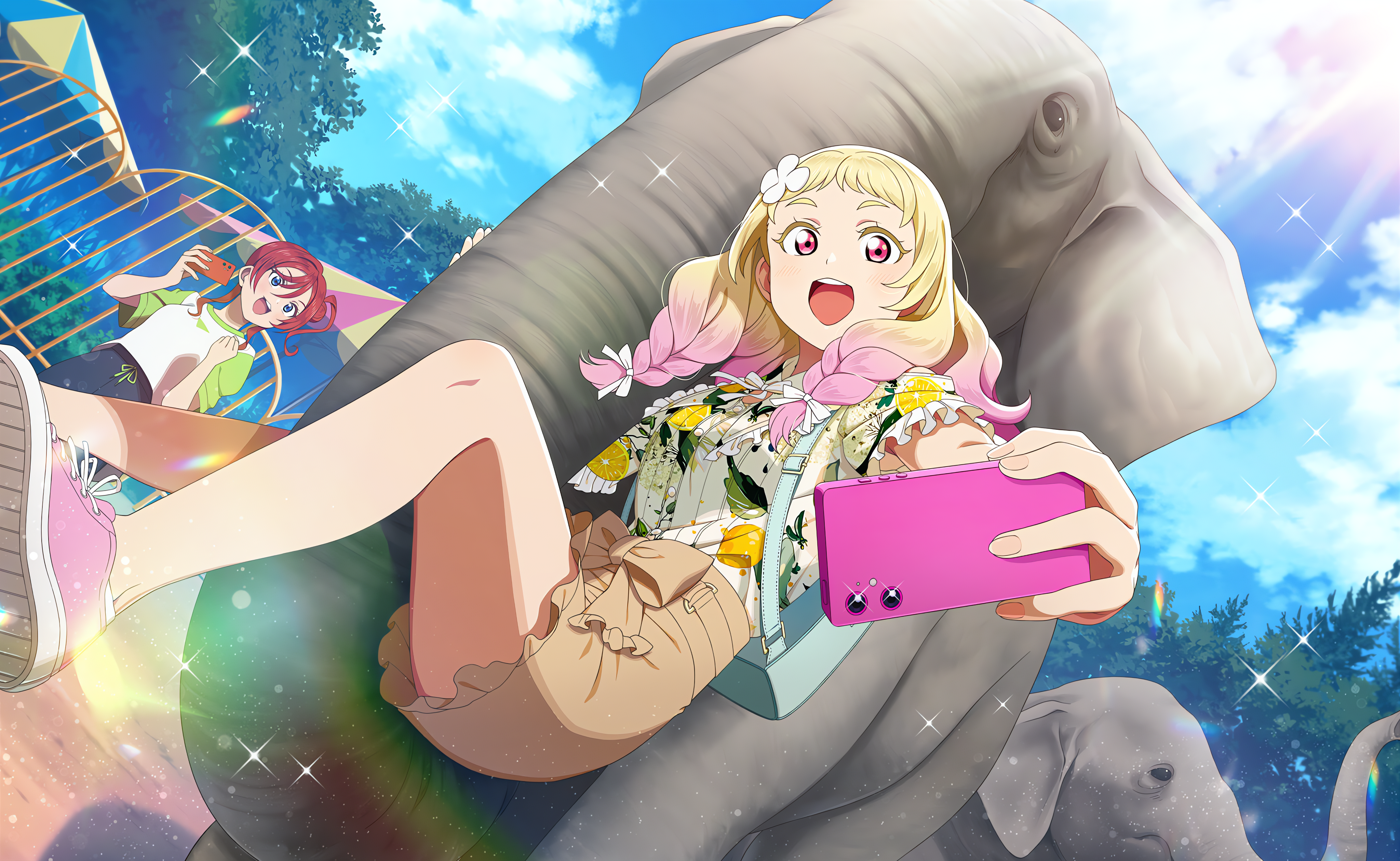 Anime 4096x2520 Onitsuka Natsumi Love Live! Love Live! Super Star!! anime anime girls phone sky clouds gradient hair two tone hair braids open mouth elephant animals selfies sunlight stars backpacks flower in hair Emma Verde