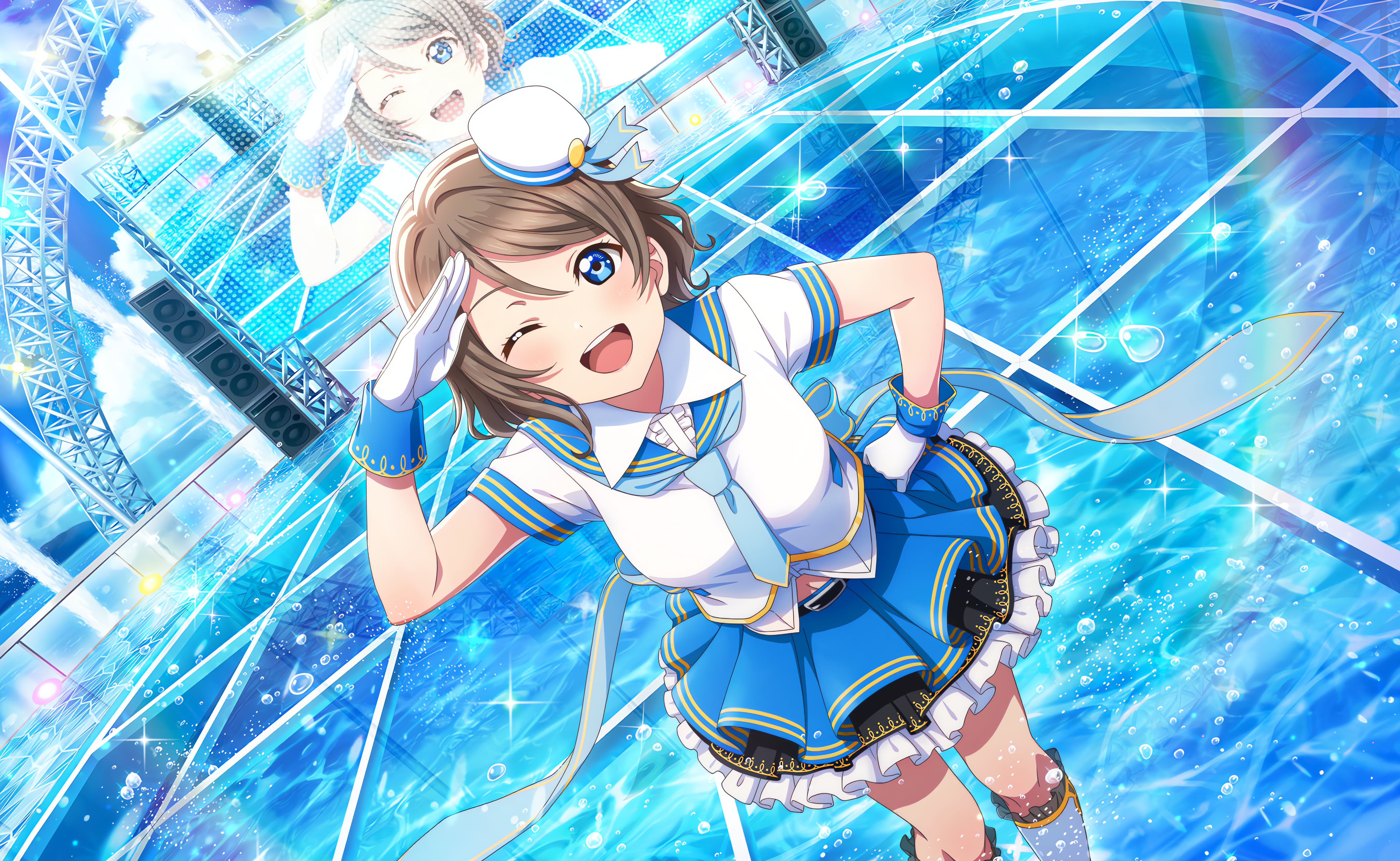 Anime 4096x2520 Watanabe You Love Live! Love Live! Sunshine anime anime girls gloves uniform tie looking at viewer water standing in water stages one eye closed hat water drops clouds sky sailor uniform