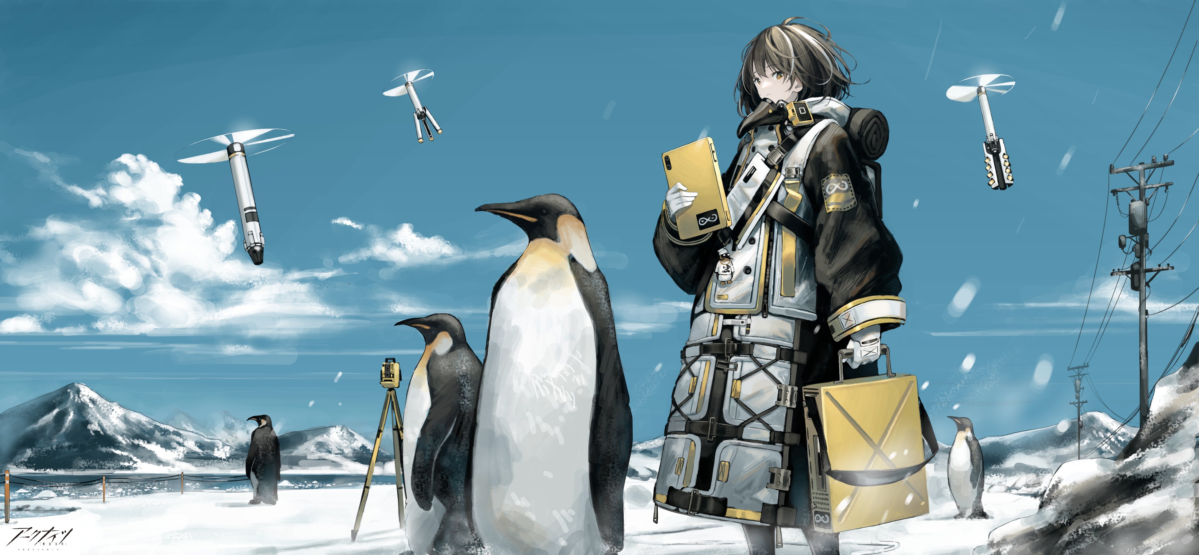 Anime 4096x1896 anime girls Arknights penguins snowing snow Magallan (Arknights) short hair sky clouds logo Japanese standing mountains animals looking at viewer two tone hair