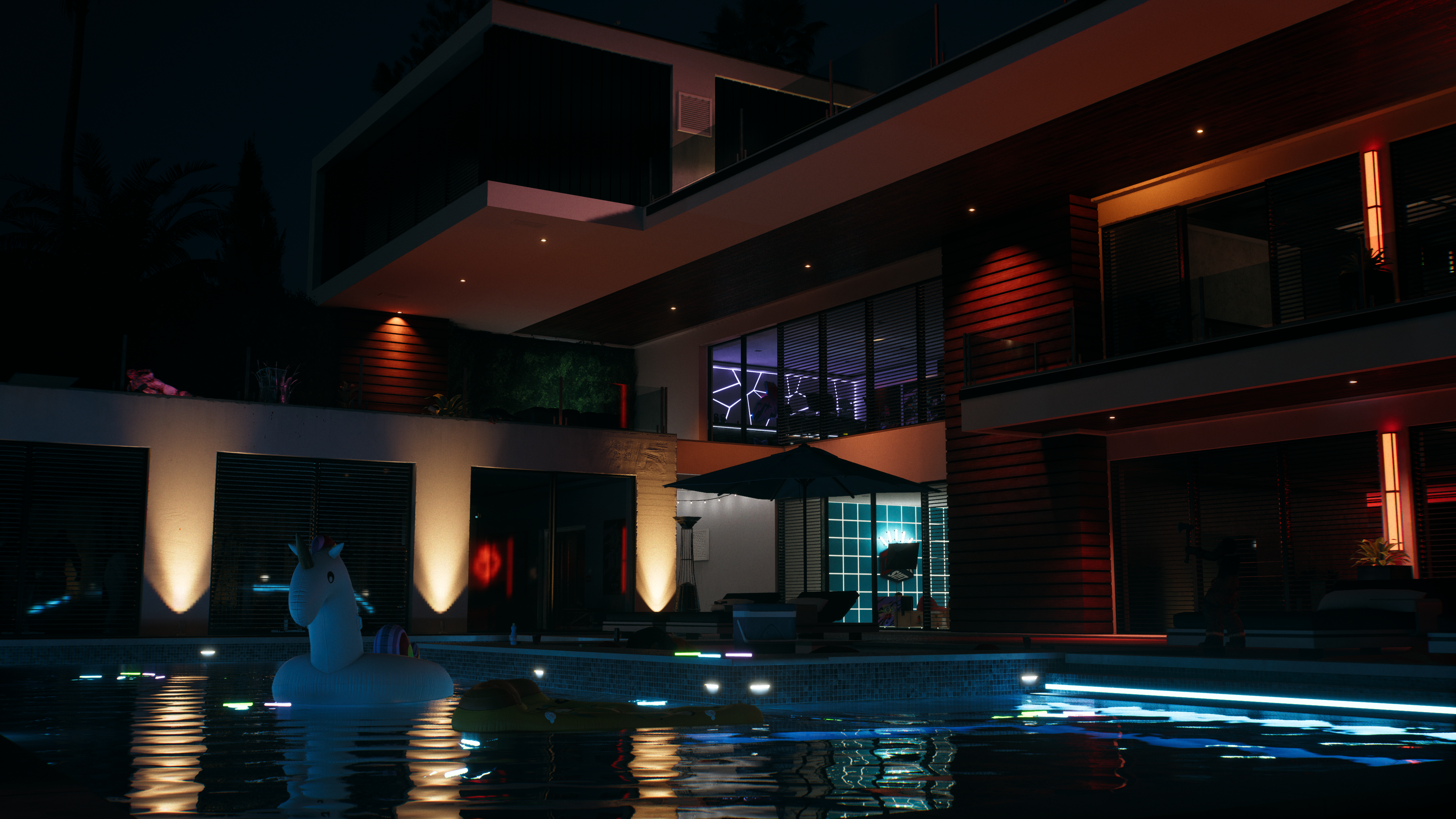 General 3840x2160 Dead Island 2 Nvidia RTX video games CGI water swimming pool building night lights reflection floater