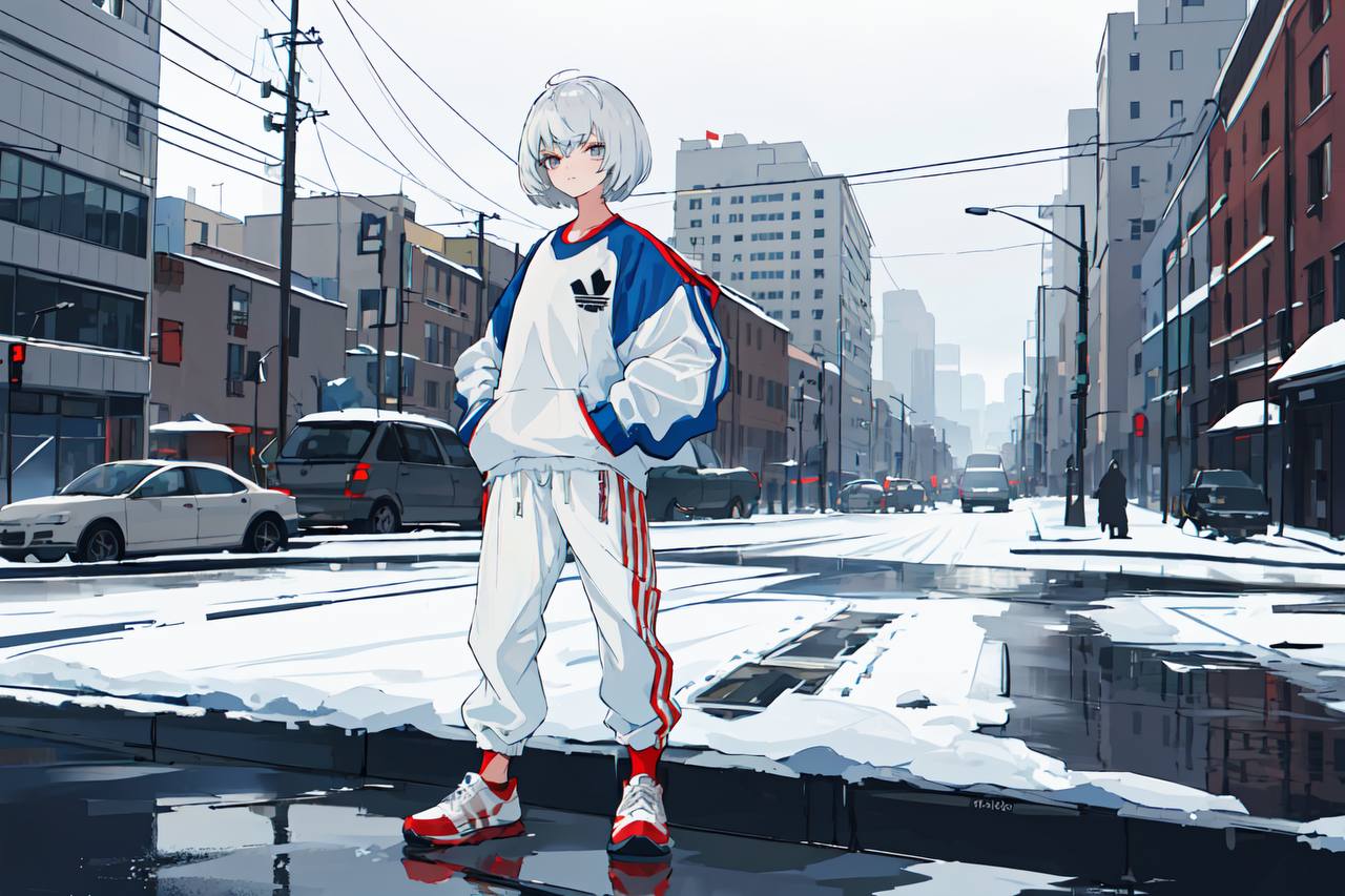 Anime 1280x853 anime girls white hair oversized sweater snow pants street art Adidas gray eyes AI art short hair hands in pockets building car street light reflection standing looking at viewer
