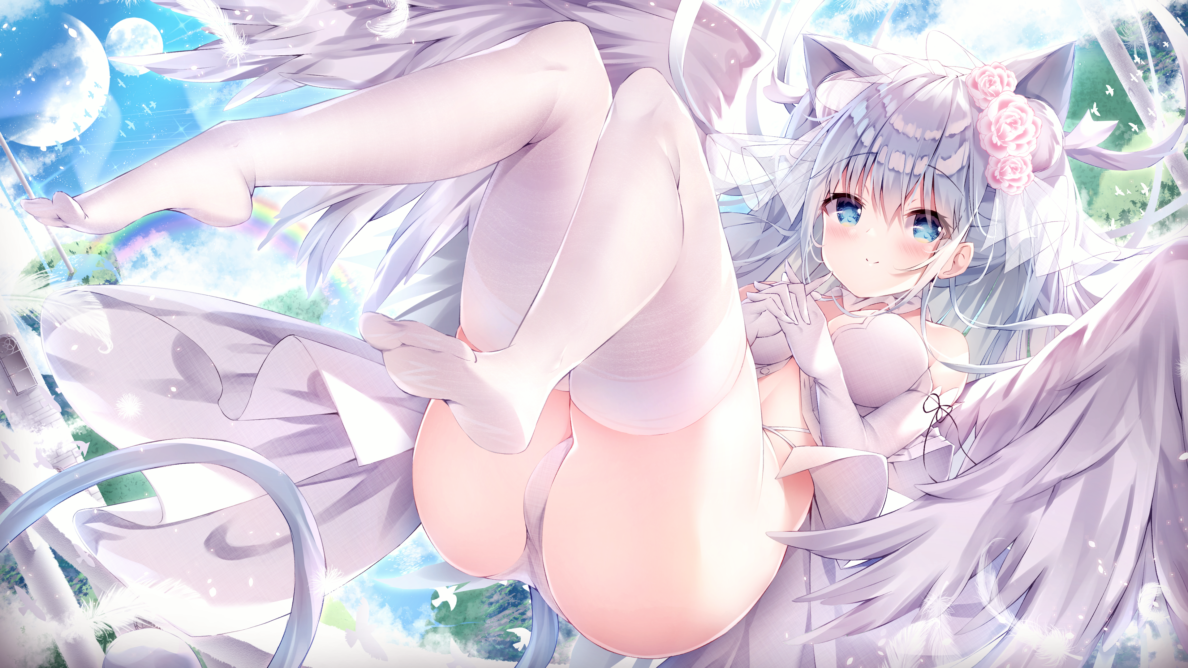 Anime 3840x2160 anime anime girls stockings cat girl cat ears cat tail rainbows sunlight long hair smiling looking at viewer blushing flower in hair wings elbow gloves planet ass panties big boobs