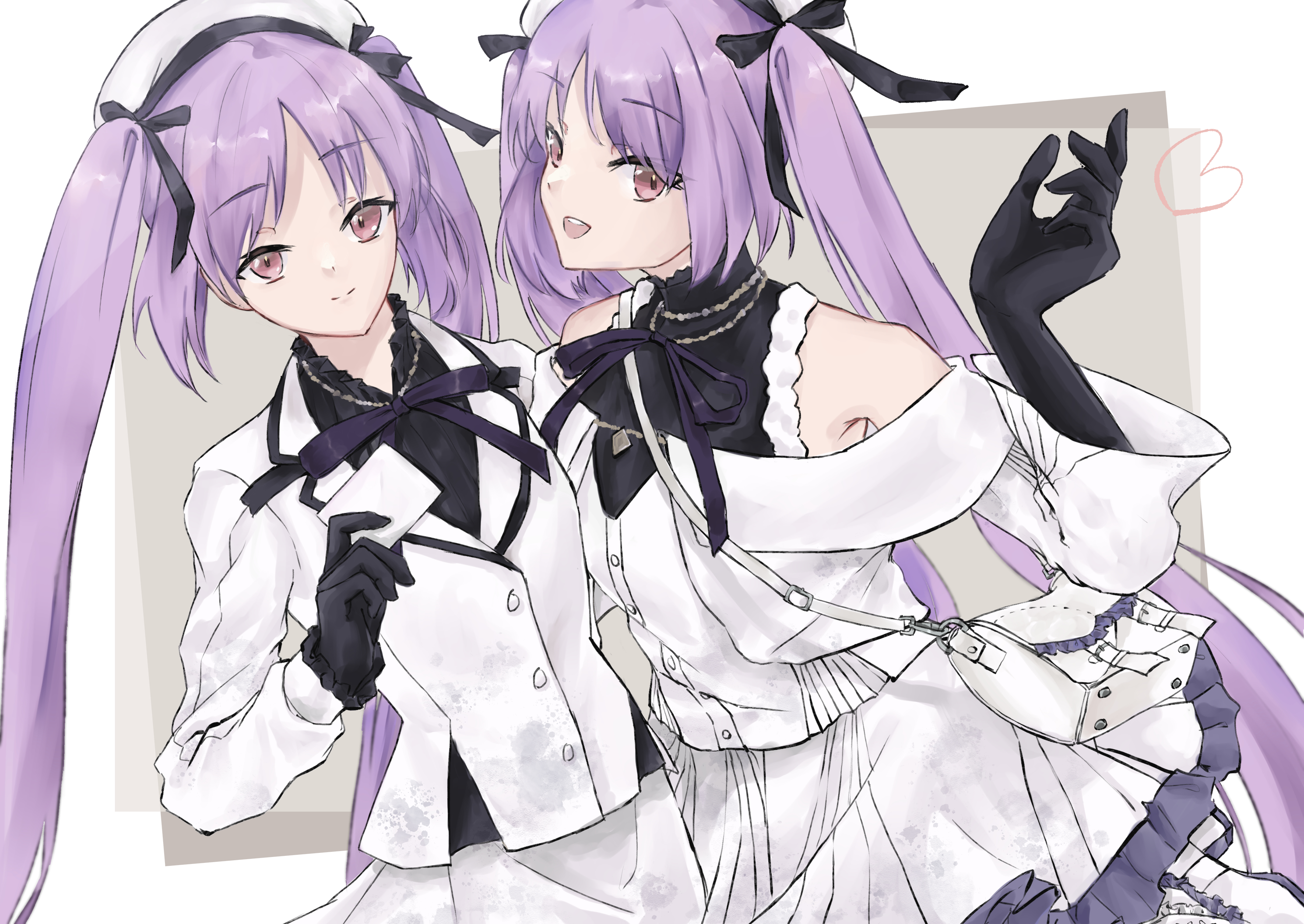 Anime 3541x2508 anime anime girls Fate series Fate/Hollow Ataraxia Fate/Grand Order Euryale (Fate/Grand Order) Stheno (Fate/Grand Order) twintails long hair purple hair two women twins artwork digital art fan art bow tie gloves smiling looking at viewer uniform