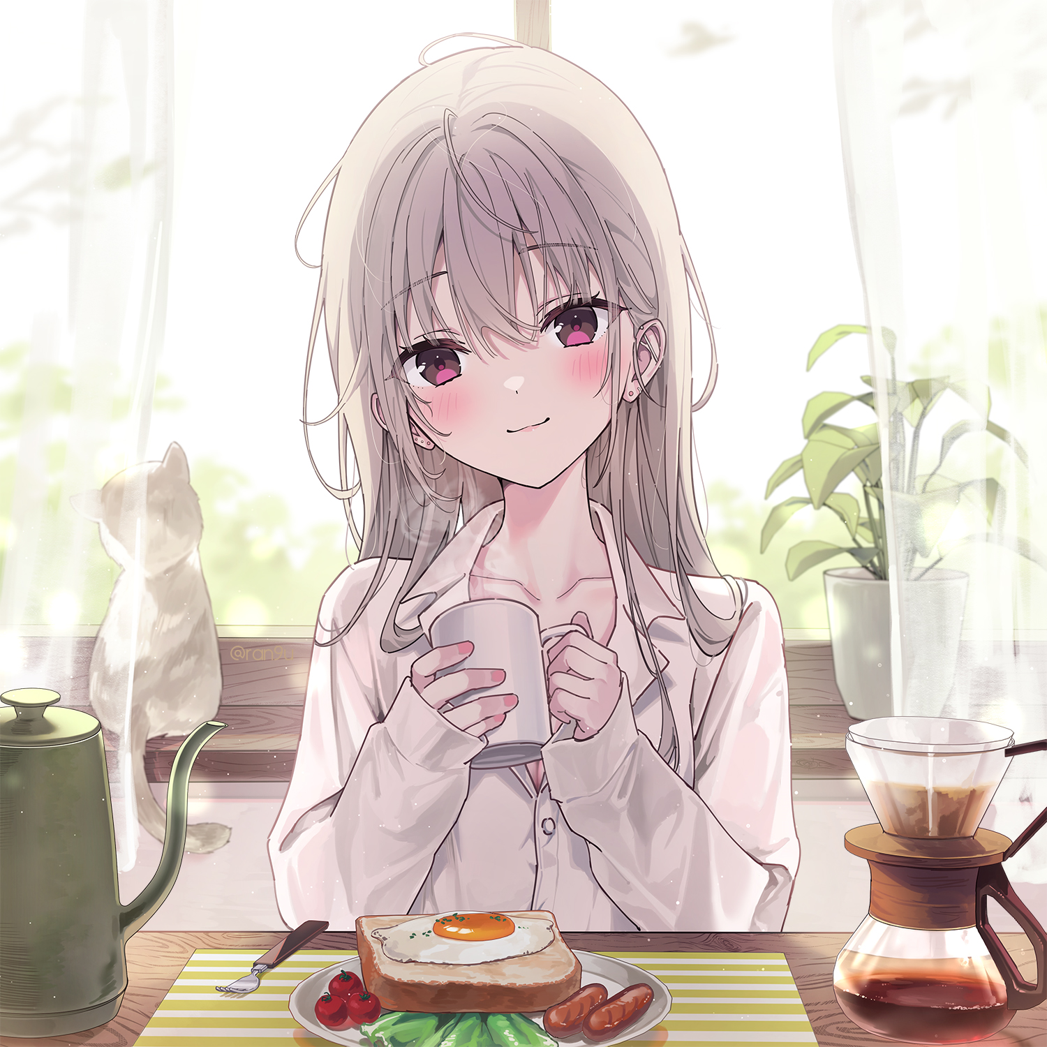 Anime 1500x1500 anime girls pink eyes sitting looking at viewer smiling blushing breakfast food toasts eggs sausage cats animals leaves plants window long hair cup