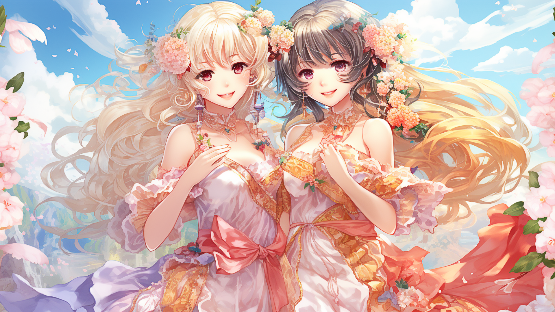 Anime 1920x1080 AI art anime girls smiling women long hair sky clouds flower in hair dress blushing digital art leaves looking at viewer earring