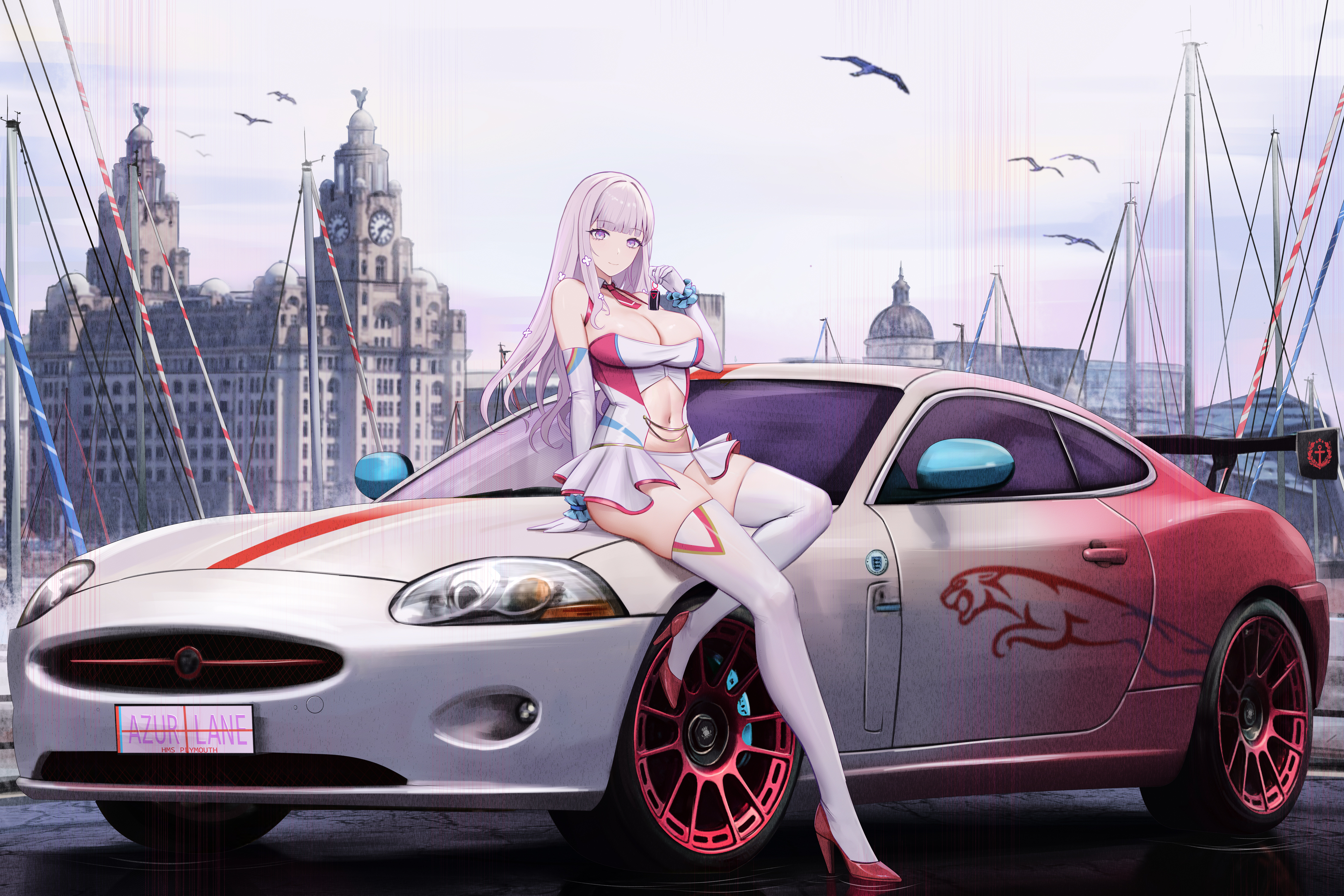 Anime 6300x4200 anime anime girls Plymouth (Azur Lane) Azur Lane car gradient frontal view building clock tower stockings heels elbow gloves long hair sky looking at viewer smiling birds animals belly button big boobs cleavage Jaguar (car) bright