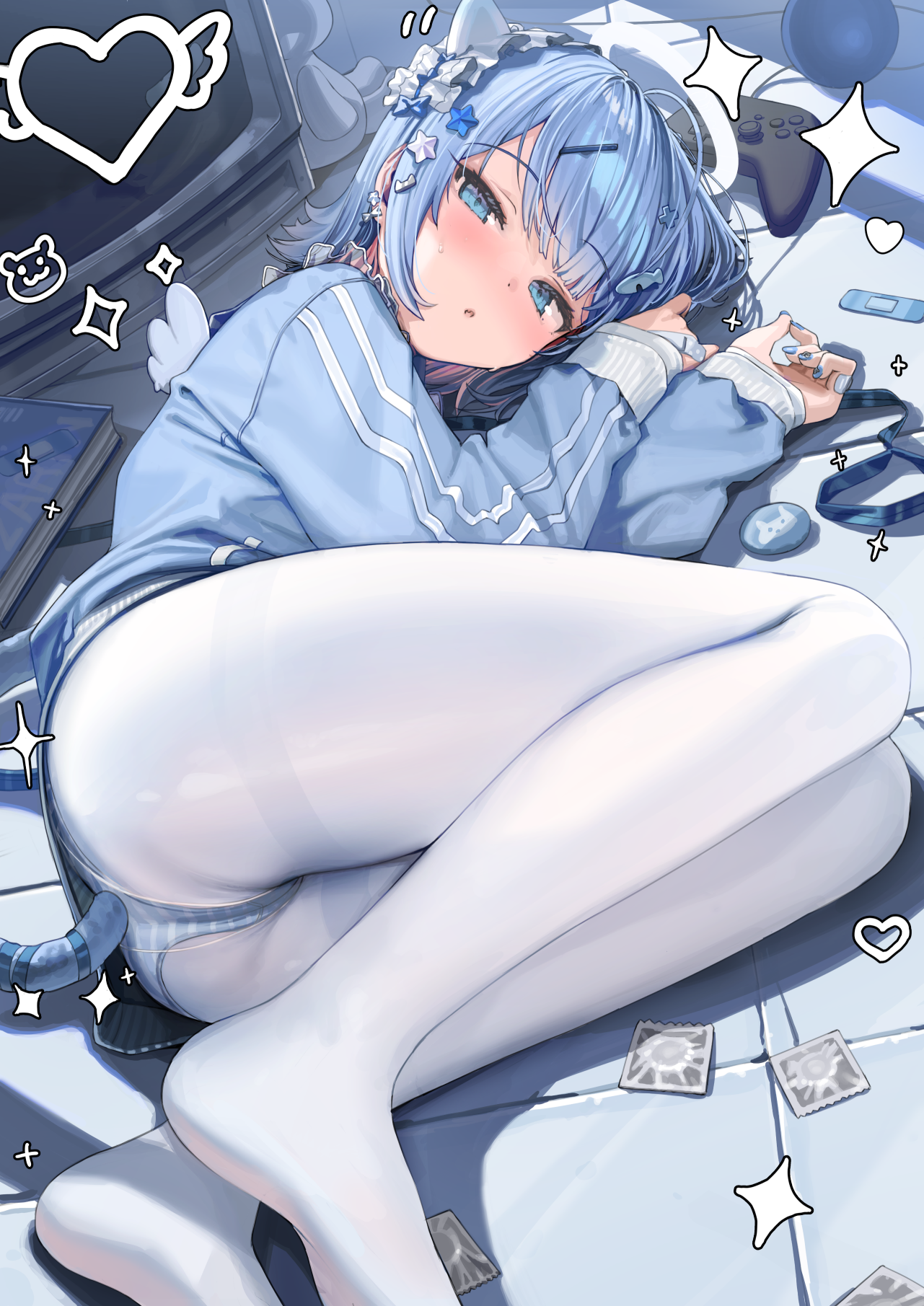 Anime 1281x1811 indie virtual youtuber tail anime girls portrait display Virtual Youtuber Kanzarin high angle pantyhose short hair blue eyes white pantyhose lying on side controllers lying down sweater ass looking at viewer cat tail striped panties panties looking up Band-Aid blue hair condom blushing blue nails animal ears cat ears headdress TV hair ornament sparkles books tie heart thighs legs