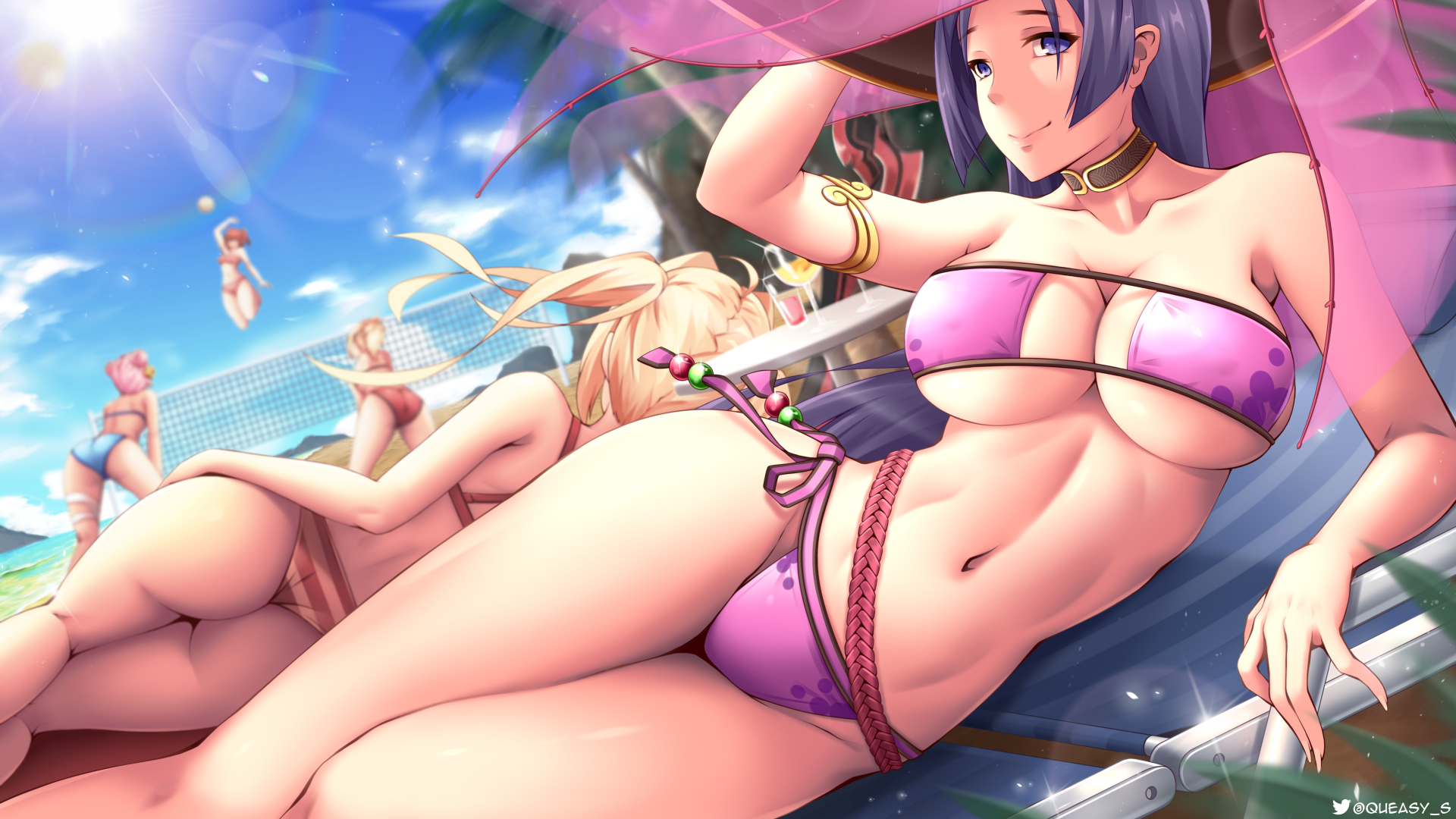 Anime 1920x1080 QueasyS group of women anime girls lying down Fate series outdoors Frankenstein (Fate/Apocrypha) Fujimaru Ritsuka beach Minamoto no Raikou ass Mordred (Fate/Apocrypha) Nero Claudius bikini looking at viewer Sun women on beach clouds beach ball purple bikini swimwear long hair beach volleyball thighs big boobs cleavage sunbed lying on side choker women outdoors smiling bent over blurry background belly depth of field leaves watermarked sunlight