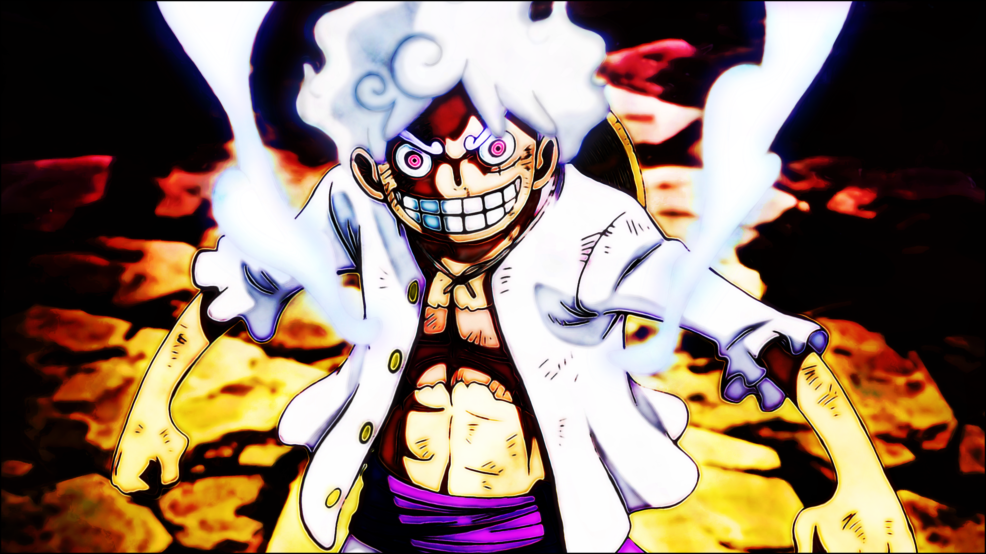 Anime 3840x2160 Gear 5th Monkey D. Luffy One Piece white hair sun god nika smiling looking at viewer scars anime boys