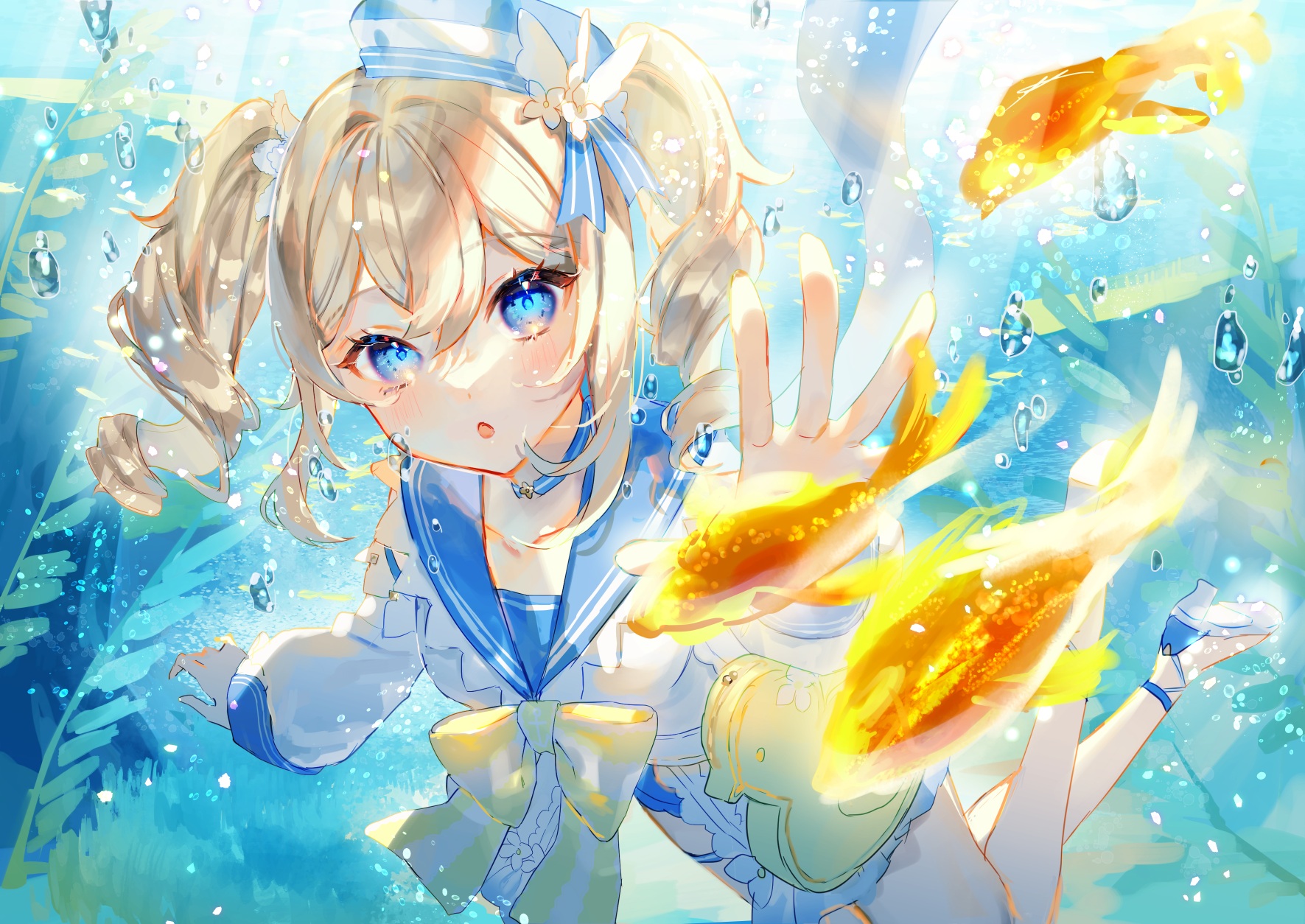 Anime 1771x1254 anime anime girls Genshin Impact Barbara (Genshin Impact) water underwater fish animals bubbles twintails blonde blue eyes looking at viewer hat choker bow tie