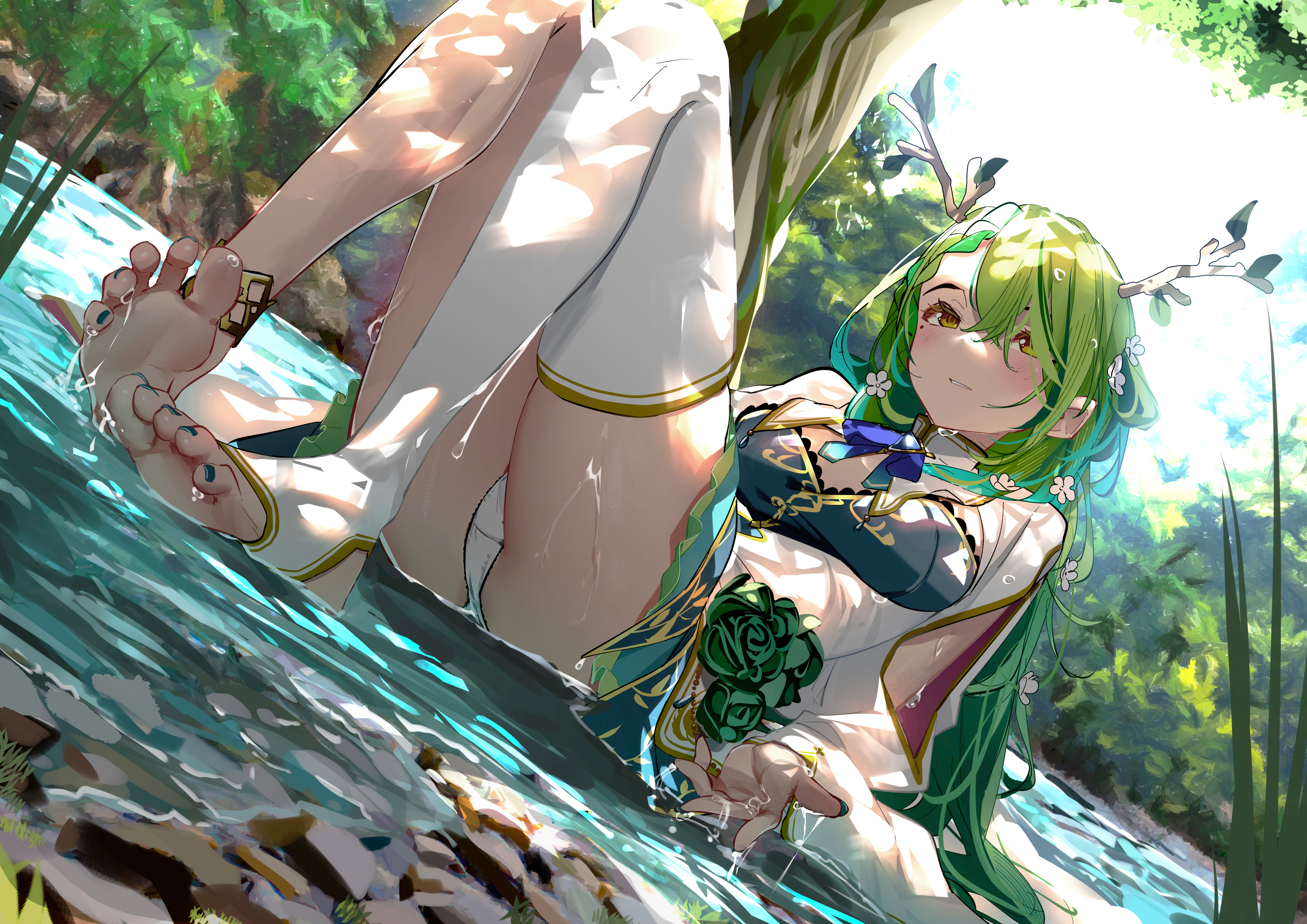 Anime 3508x2480 anime anime girls Ceres Fauna Hololive Virtual Youtuber panties ass blushing moles mole under eye water trees leaves long hair looking at viewer green hair yellow eyes feet foot sole flower in hair bow tie bright