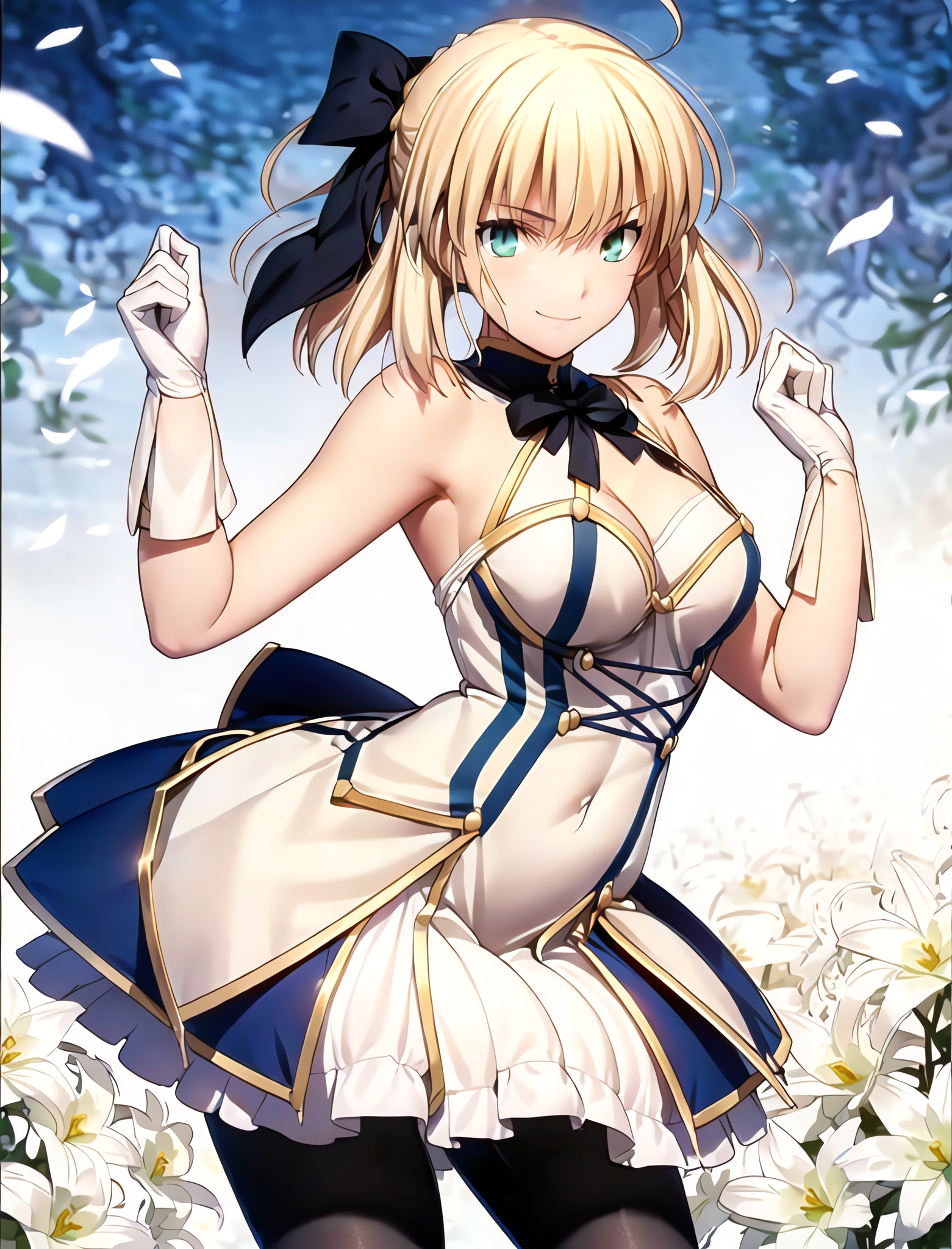 Anime 1561x2048 AI art anime anime girls Fate series Fate/Unlimited Codes  Fate/Grand Order Artoria Pendragon Saber Lily ponytail ahoge blonde solo artwork digital art fan art smiling gloves looking at viewer portrait display flowers petals short hair bow tie