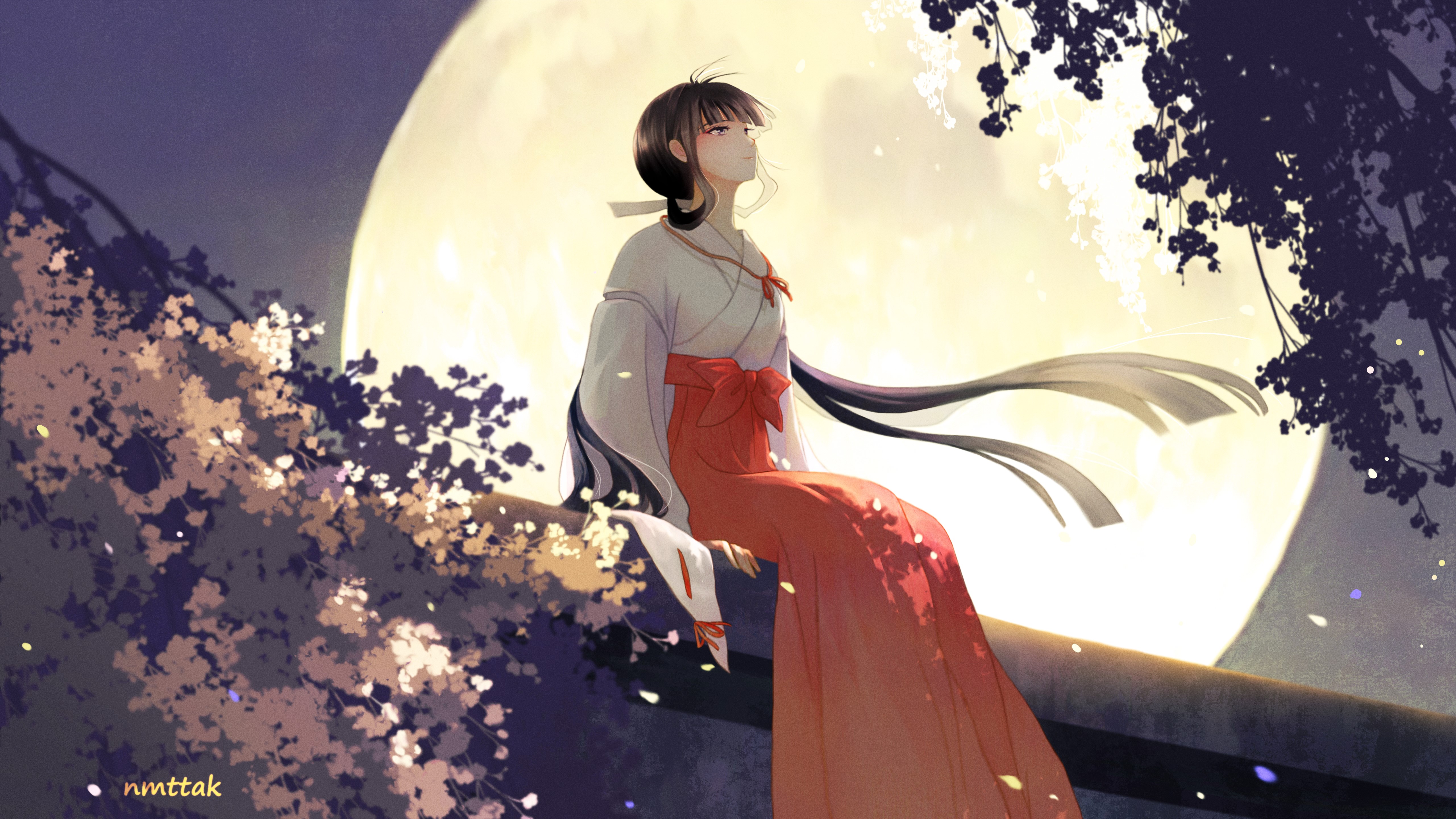 Anime 5123x2881 anime anime girls Inuyasha Kikyou Inuyasha sitting Moon night moonlight long hair hair blowing in the wind wind looking up