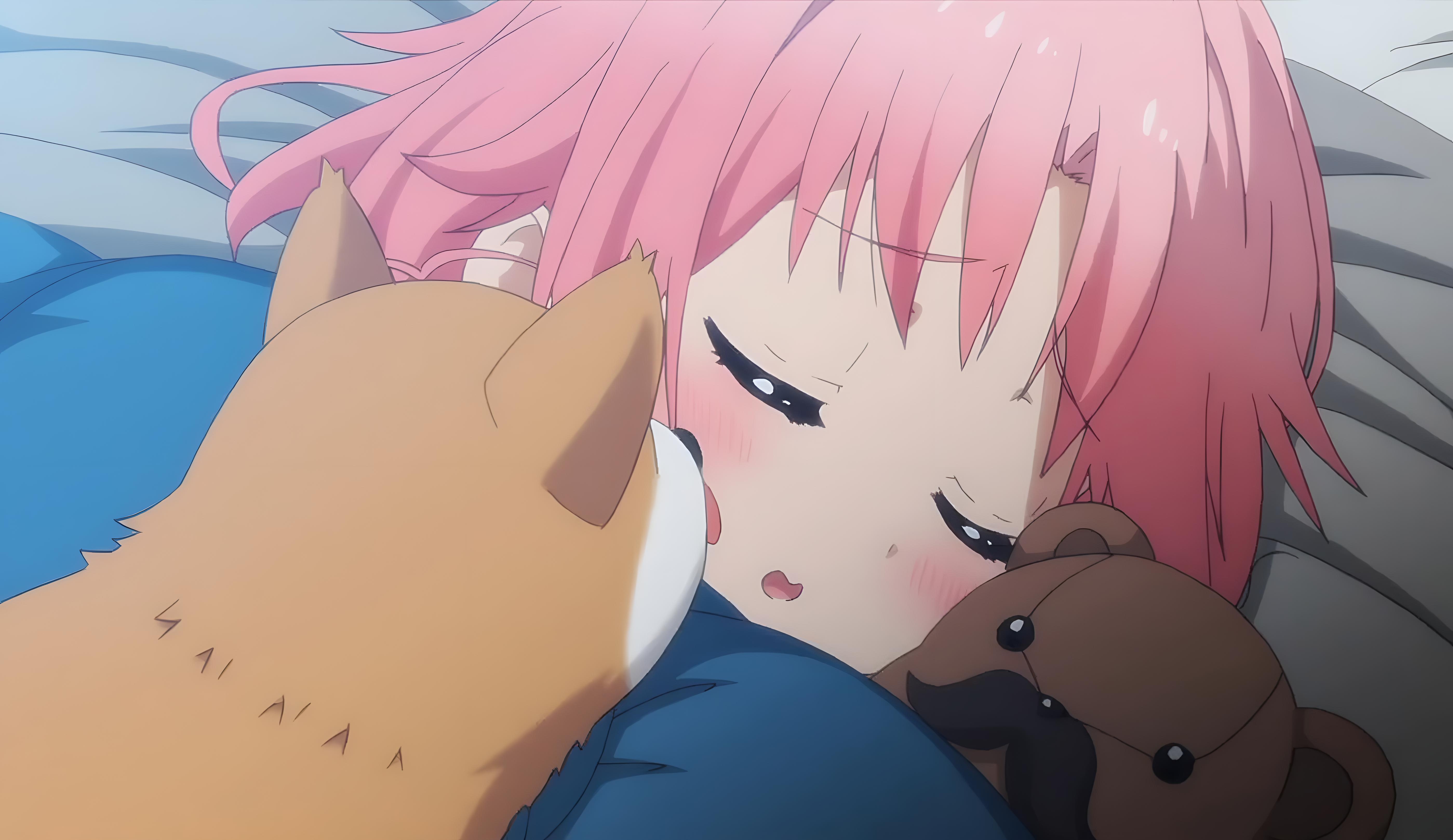 Anime 5595x3237 Anime screenshot anime girls pet anime blushing sleeping closed eyes dog animals teddy bears lying down pink hair