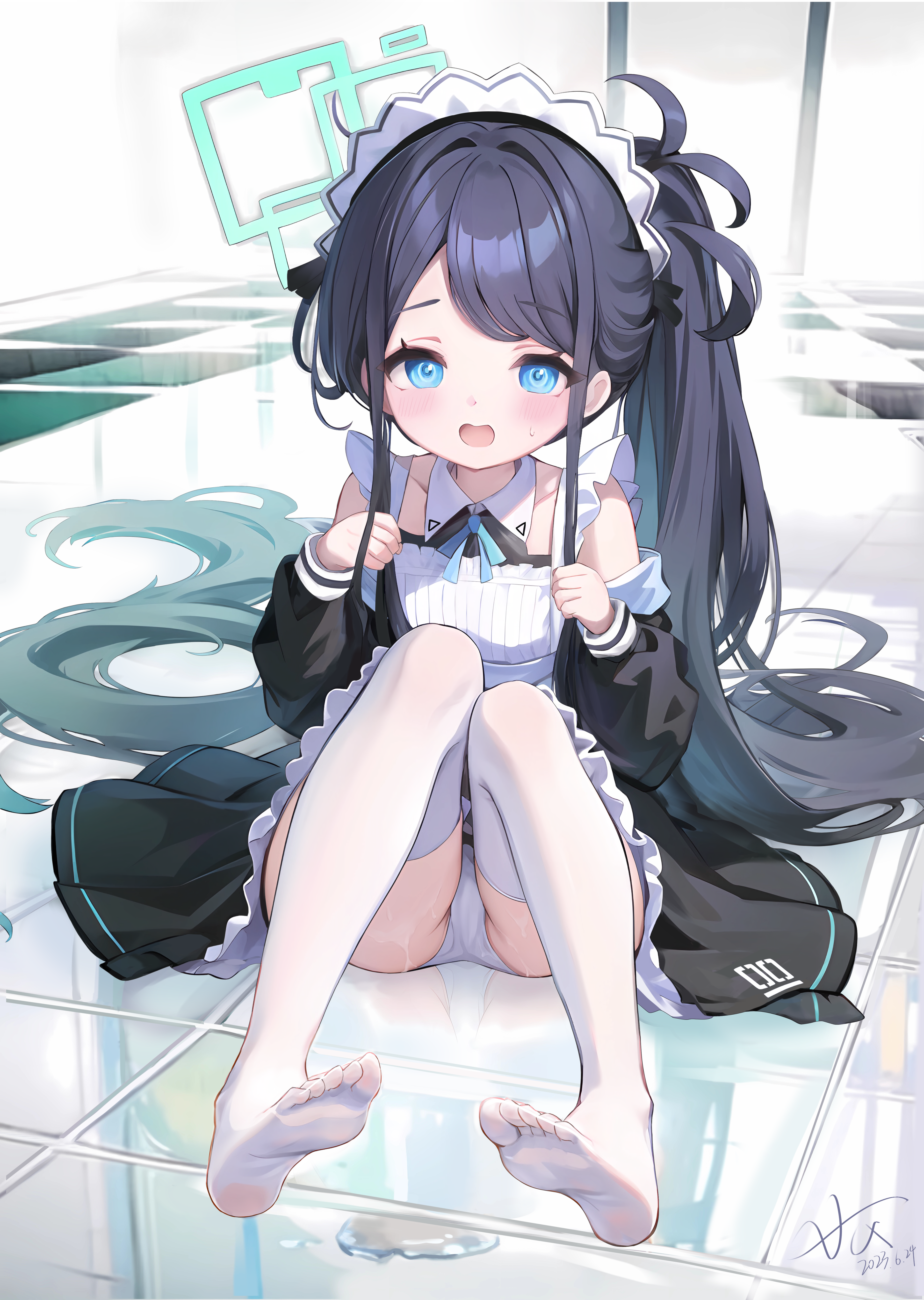 Anime 3824x5380 anime girls maid Tendou Alice Blue Archive dark hair blue eyes panties long hair anime games portrait display reflection looking at viewer stockings maid outfit signature