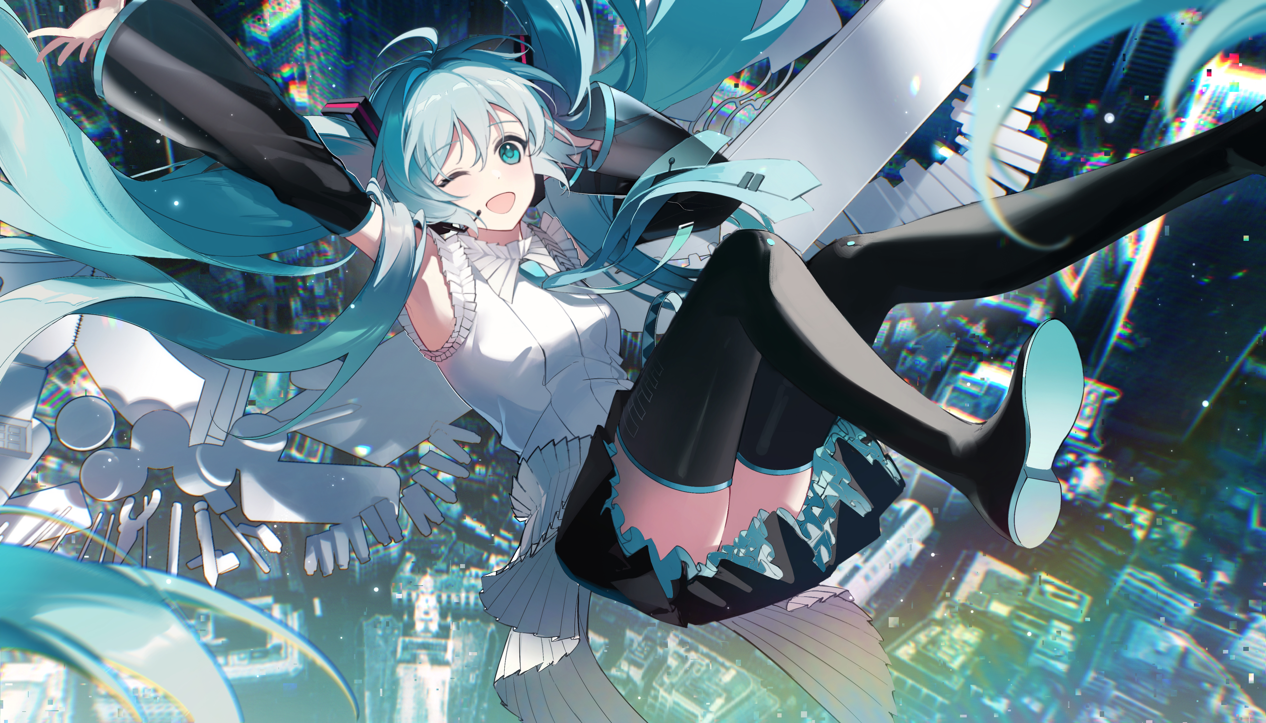 Anime 4342x2480 anime anime girls Hatsune Miku Vocaloid twintails long hair blue eyes blue hair looking at viewer city falling tie one eye closed headphones open mouth