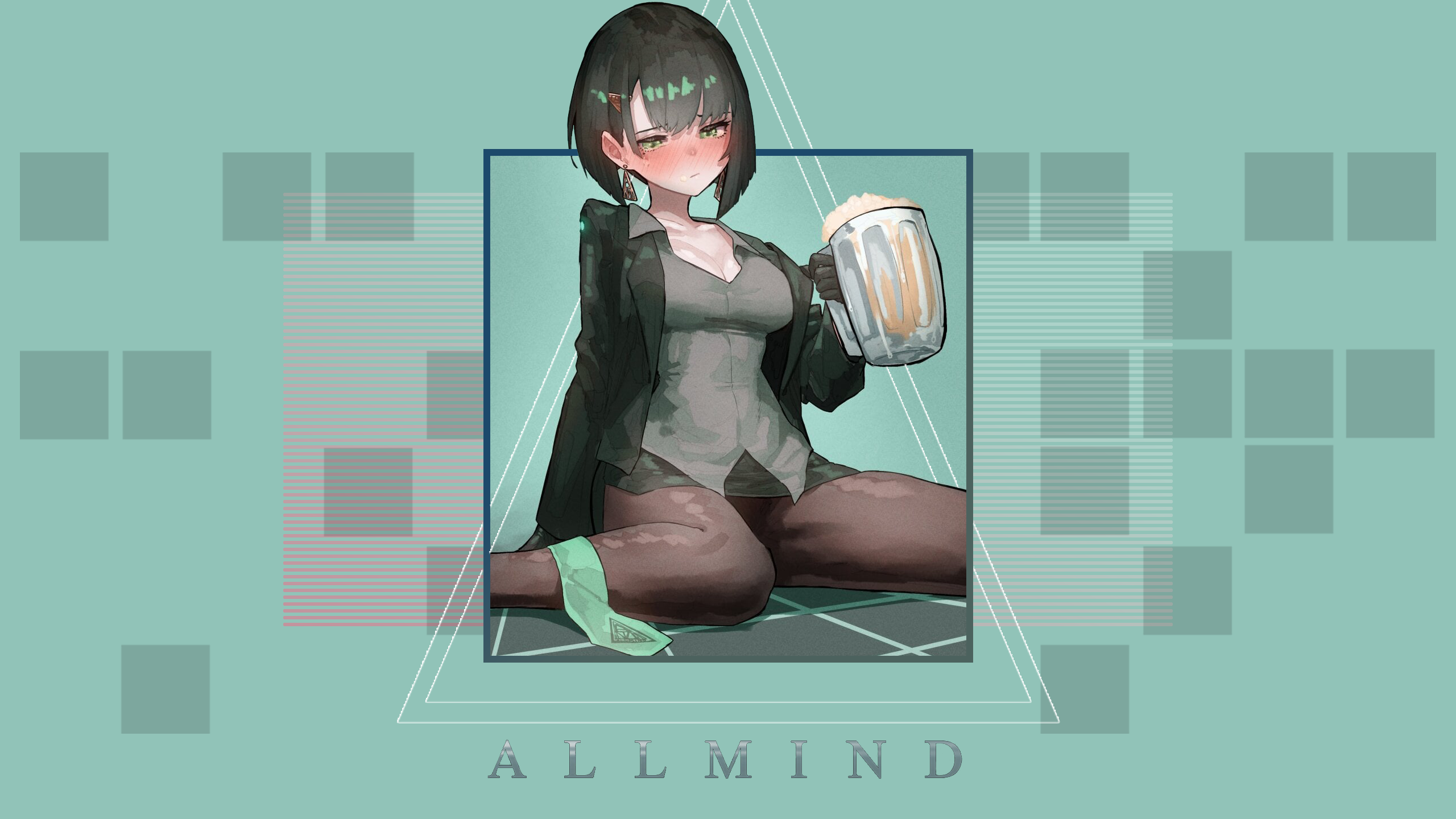 Anime 2560x1440 Armored Core VI allmind Armored Core anime girls simple background beer drink minimalism short hair blushing earring cleavage moles mole under eye