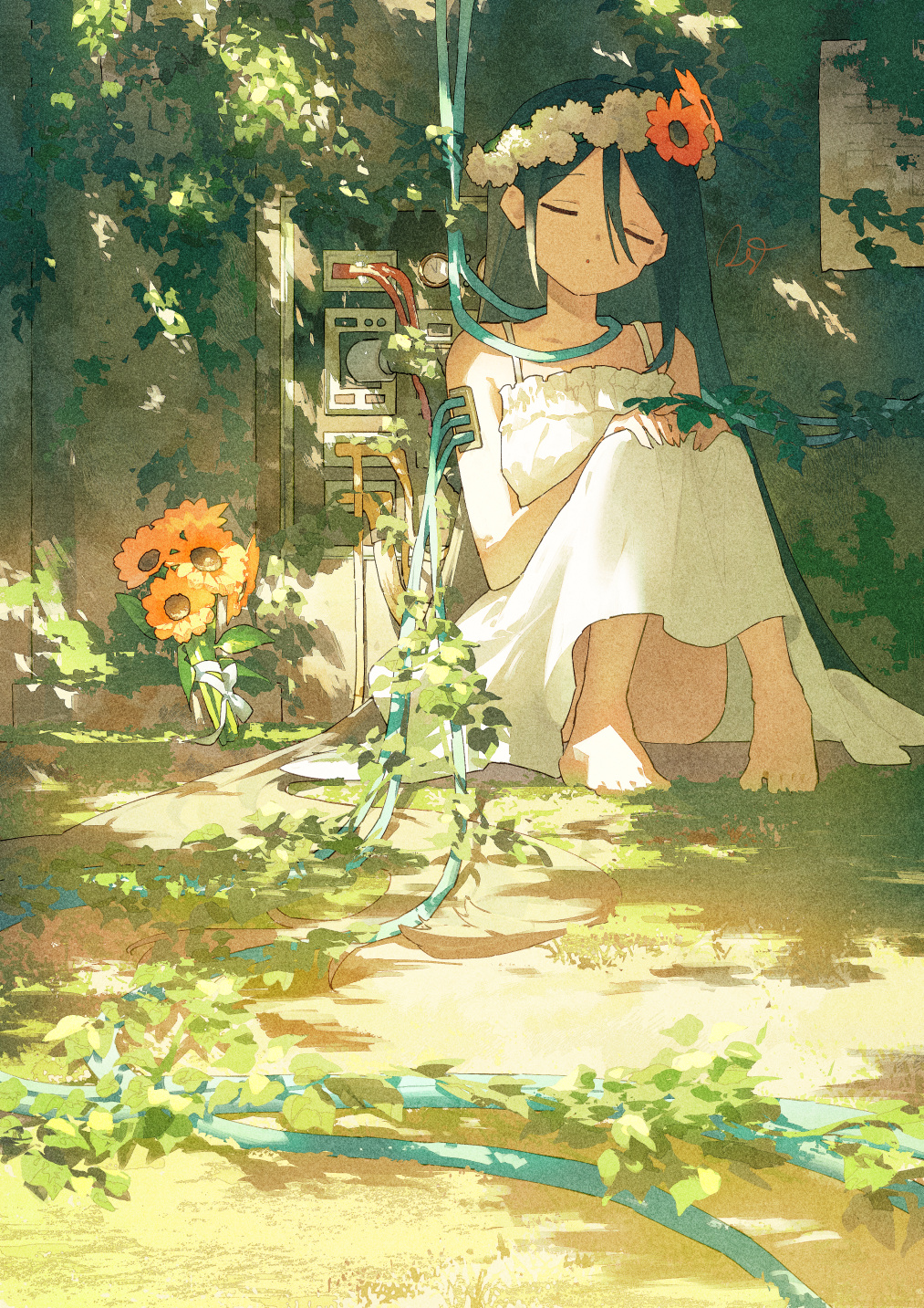 Anime 1013x1433 anime flowers flower crown long hair sunlight dress leaves portrait display anime girls closed eyes feet sleeping Potg