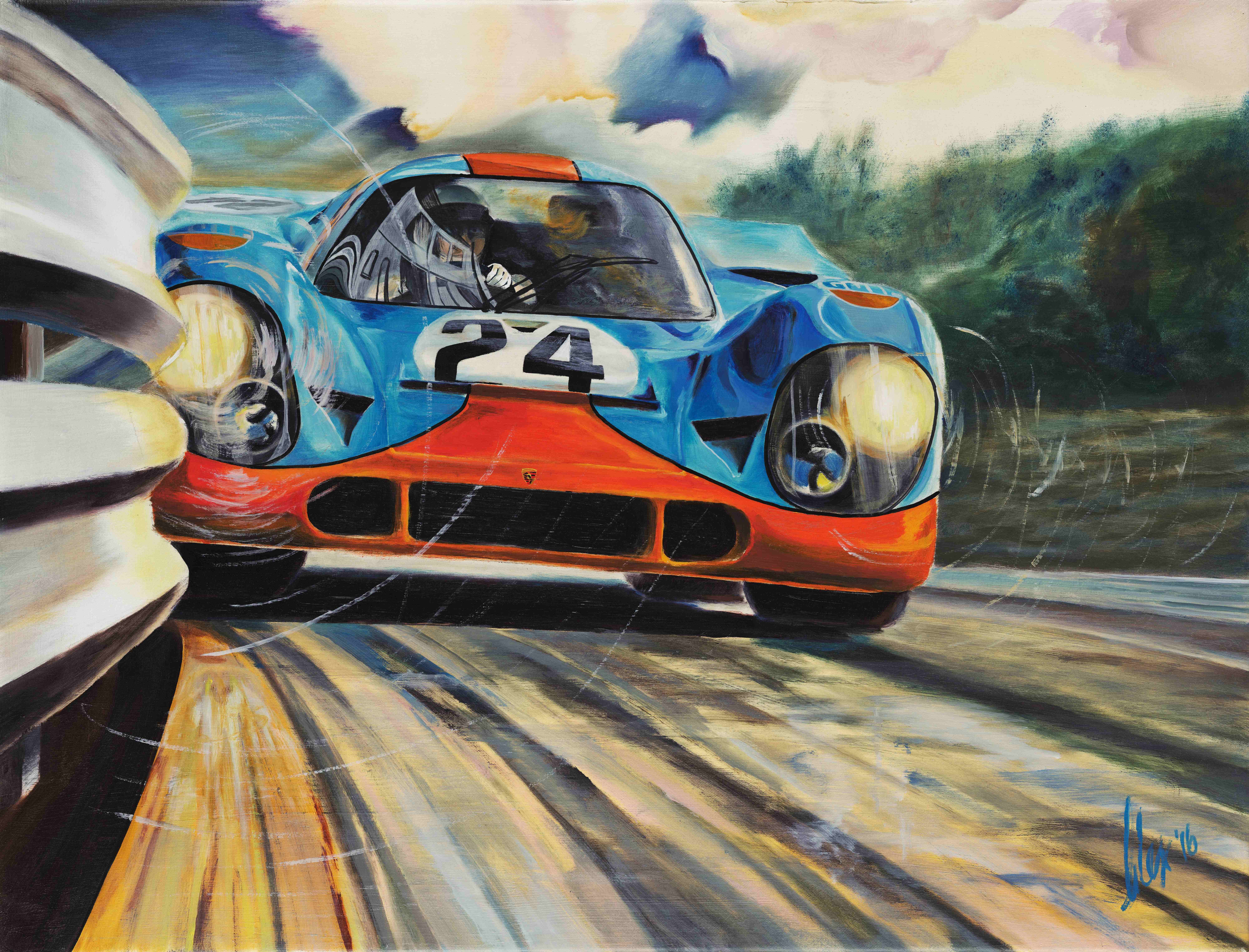 General 8000x6097 artwork oil painting Gulf-Porsche 917 Alex Wakefield Spa-Francorchamps signature frontal view sky clouds vehicle Porsche German cars Volkswagen Group livery digital art watermarked