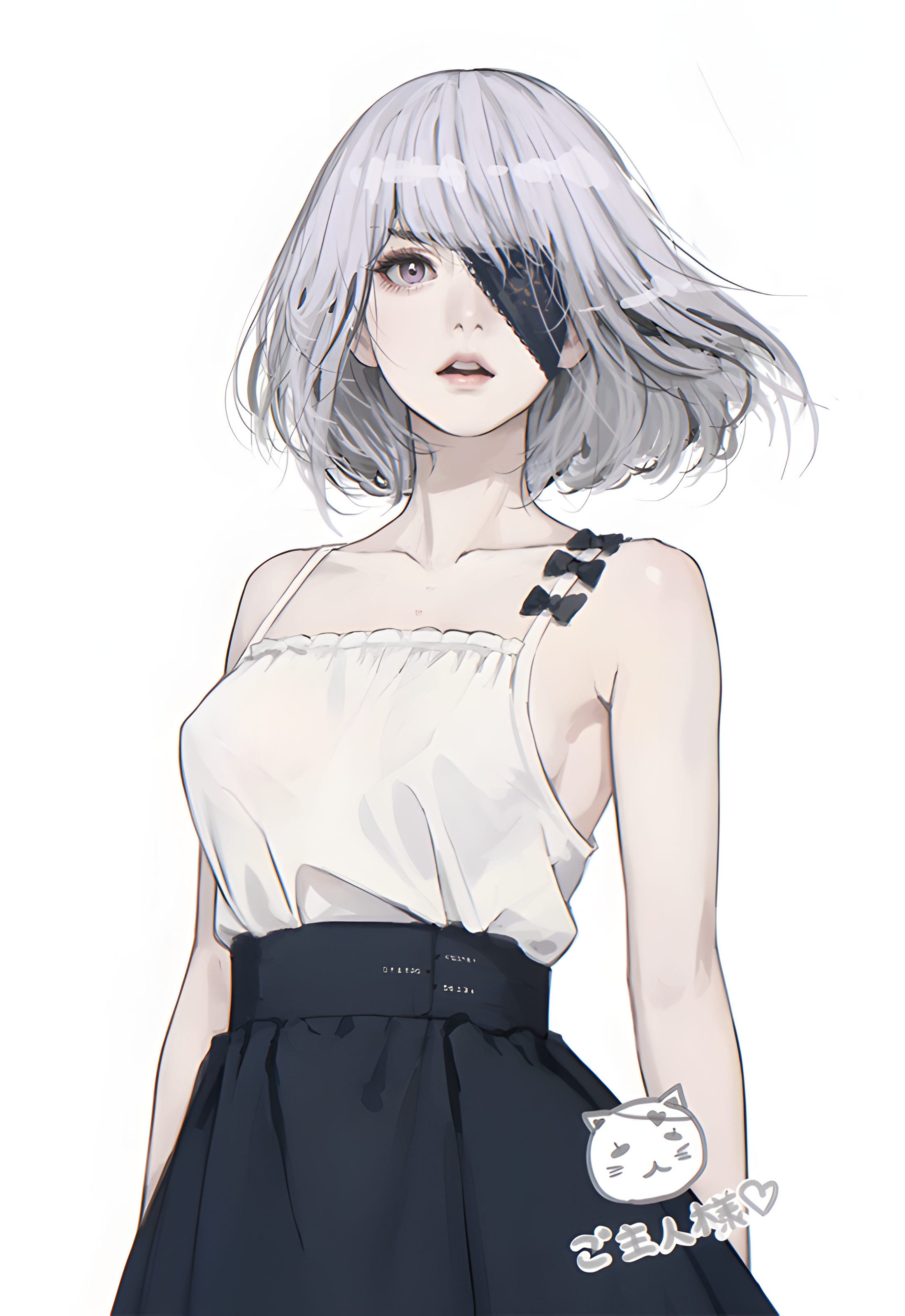 Anime 2200x3200 D.K dkground anime girls short hair portrait display eyepatches simple background Japanese minimalism white background gray hair purple eyes looking at viewer