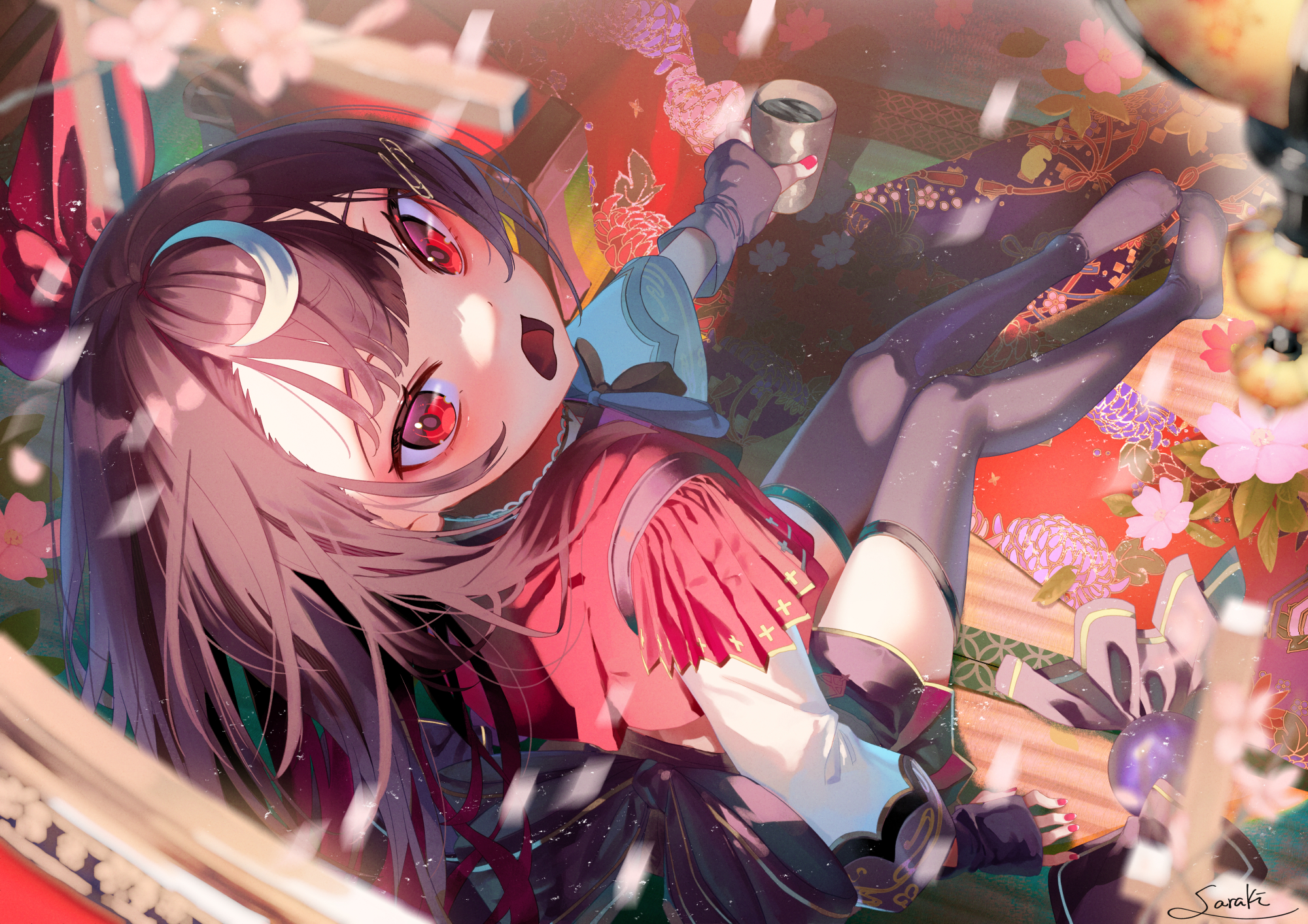 Anime 2000x1414 original characters red eyes anime girls blushing open mouth looking at viewer stockings sitting signature gloves fingerless gloves brunette drink feet