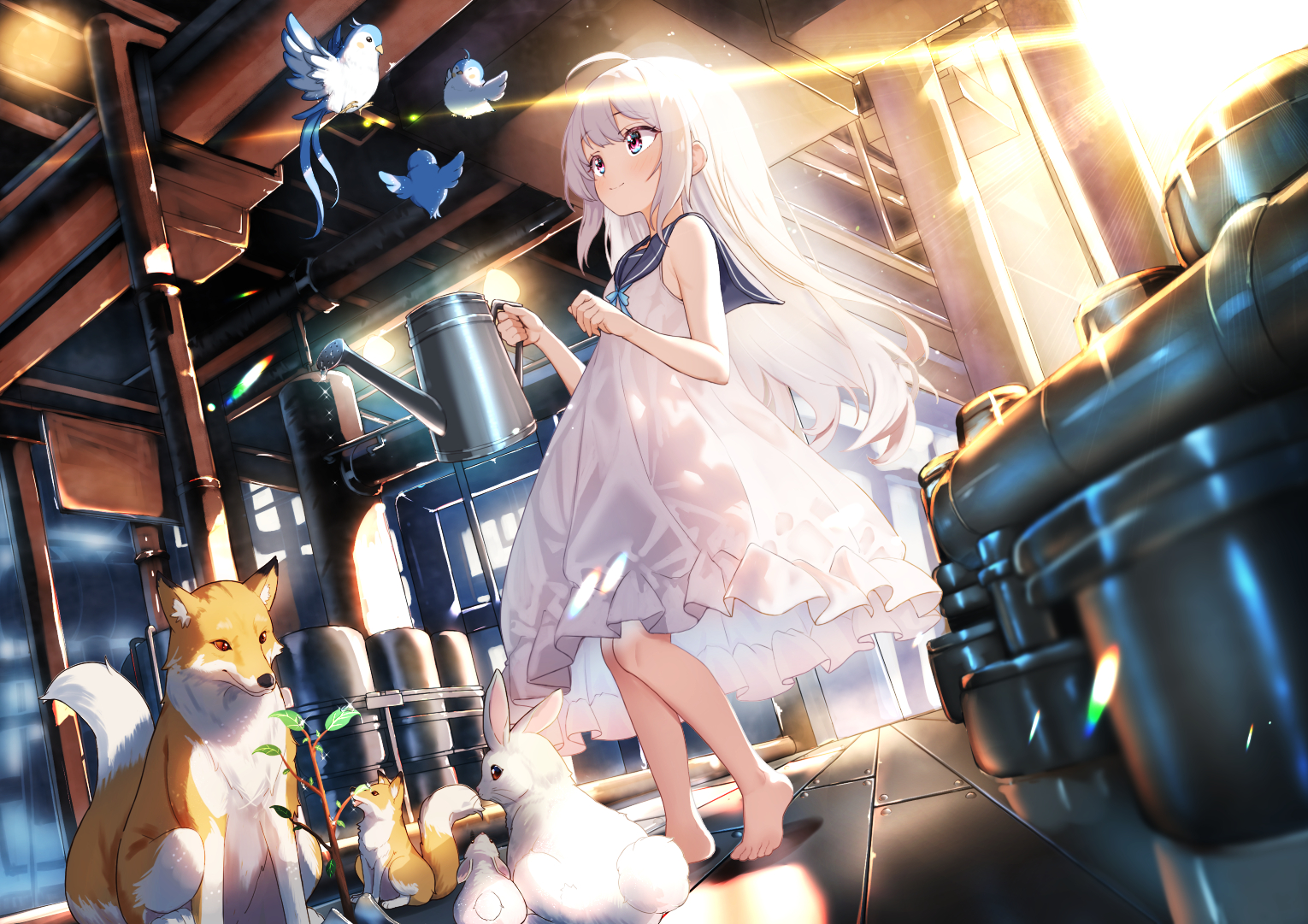 Anime 1530x1081 anime anime girls standing fox rabbits animals birds long hair sunlight sailor uniform feet barefoot white hair smiling multi-colored eyes watering watering can
