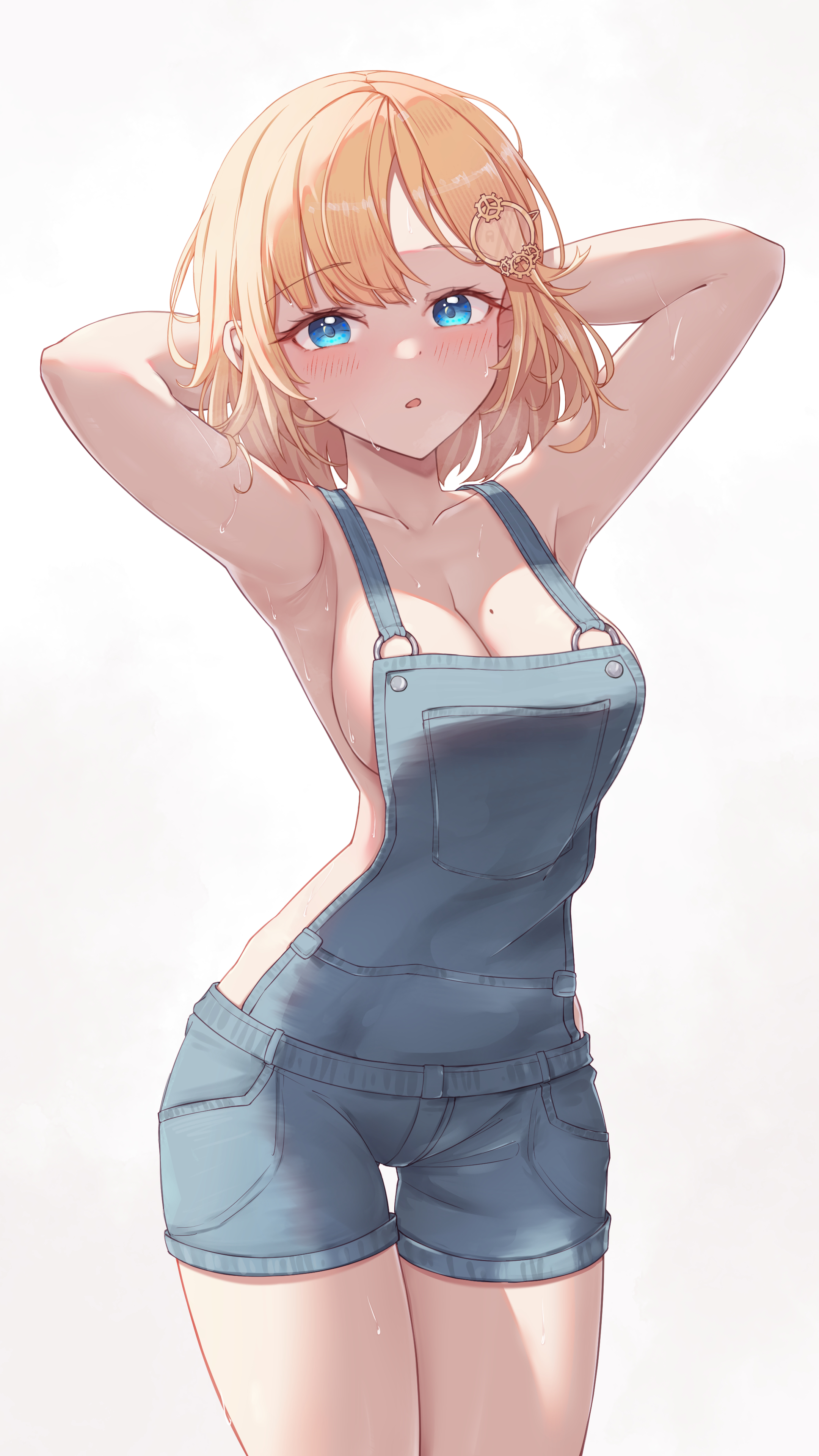 Anime 2160x3840 anime anime girls digital art artwork 2D Pixiv petite looking at viewer portrait portrait display Hololive Watson Amelia blonde Virtual Youtuber blue eyes simple background white background cleavage big boobs armpits short hair