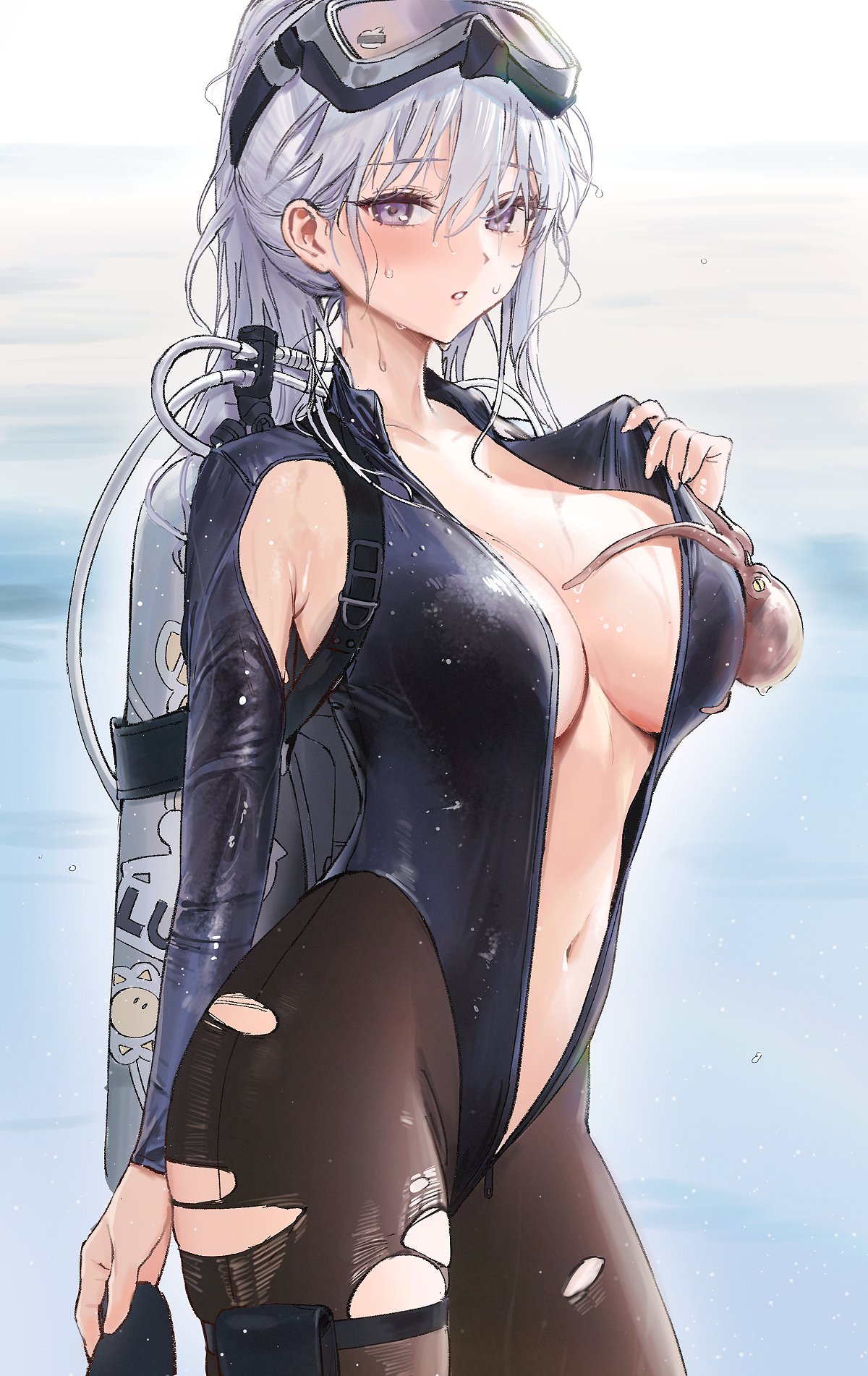 Anime 1200x1902 Azur Lane torn clothes anime girls portrait display Enterprise (Azur Lane) wet bodysuit wet swimsuit looking at viewer octopus big boobs scuba diving swimming goggles goggles long hair torn legwear wet body belly button unzipped long sleeves Ame blurry background silver hair purple eyes depth of field ponytail parted lips thigh strap water thighs sky horizon blushing
