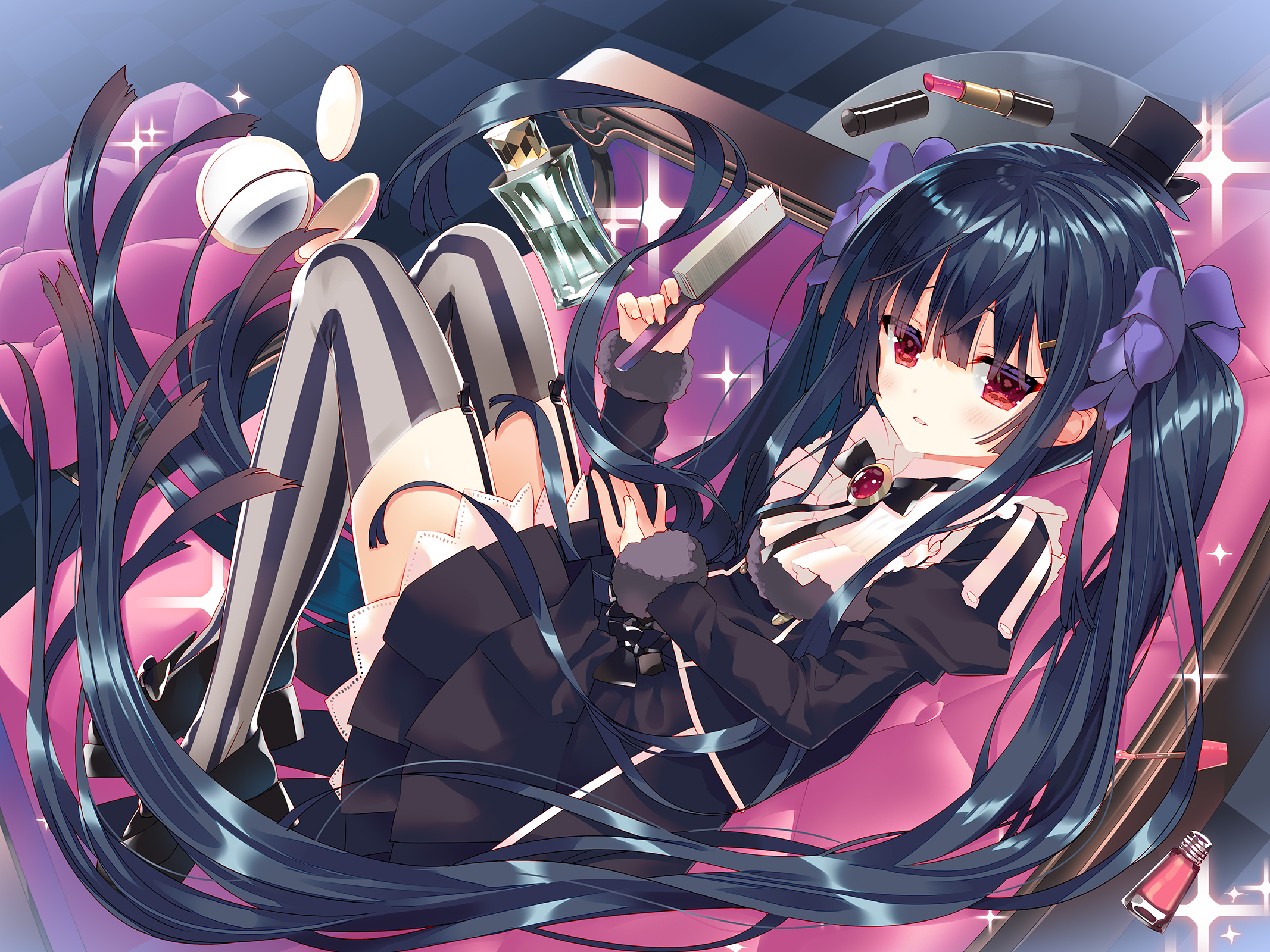 Anime 2133x1600 anime girls anime dress artwork long hair twintails looking at viewer stars red eyes black hair stockings makeup couch blushing