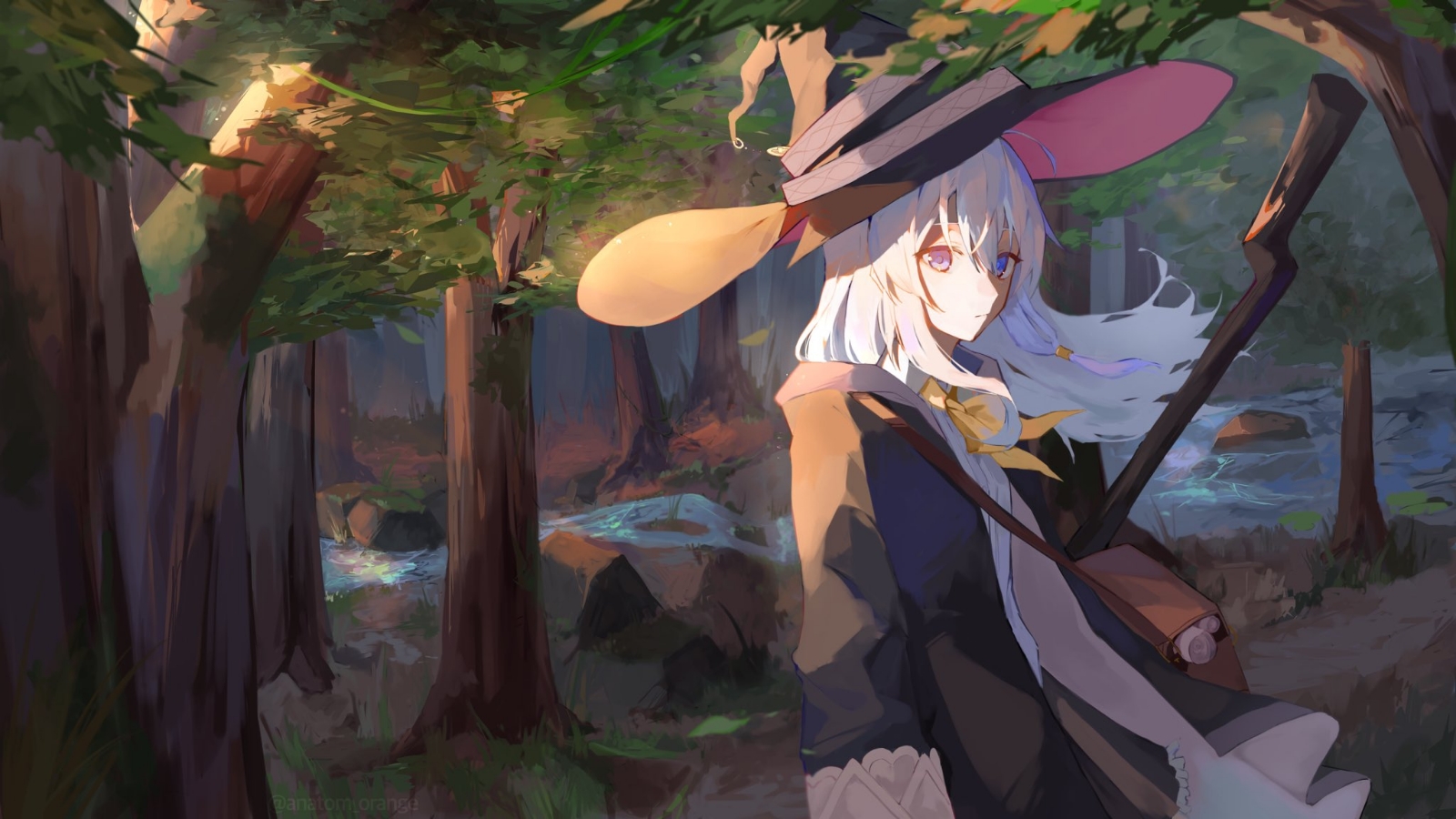 Anime 1600x900 Elaina (Majo no Tabitabi) Majo no Tabitabi gray hair forest twilight witch hat anime girls blue eyes looking at viewer trees water witch long hair