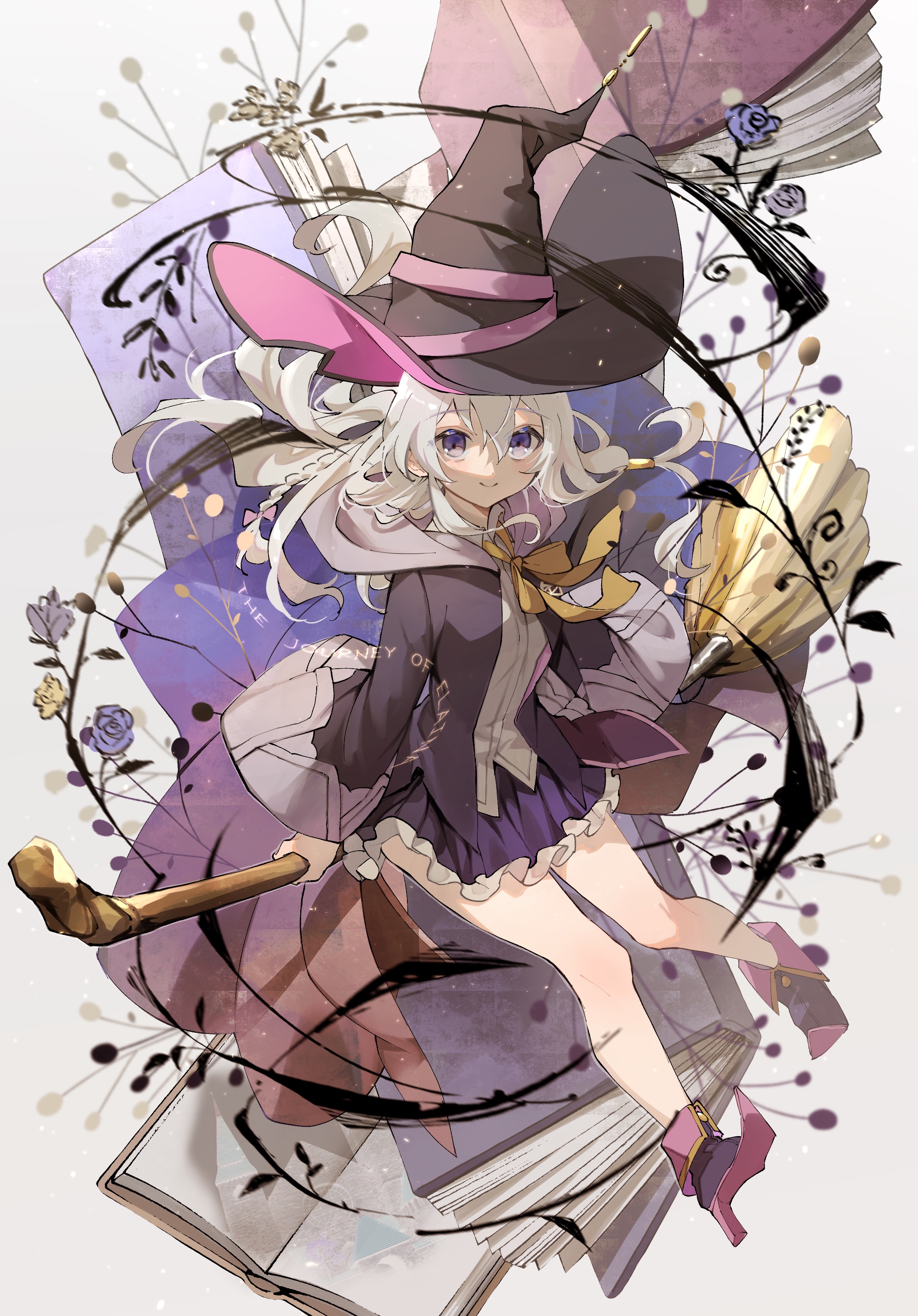 Anime 2116x3035 Elaina (Majo no Tabitabi) Majo no Tabitabi gray hair anime girls portrait display long hair looking at viewer blonde smiling braids witch hat witch's broom witch flowers leaves bow tie