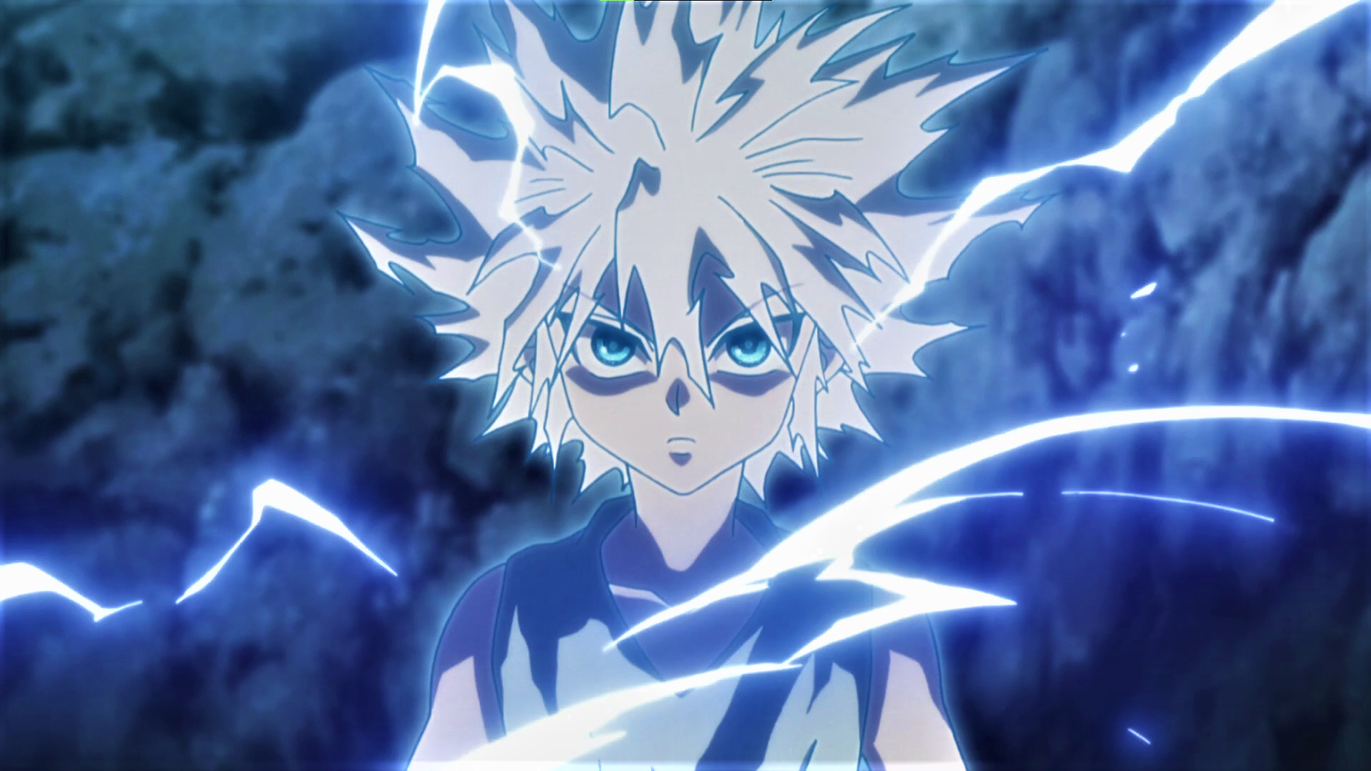 Anime 1920x1080 Hunter x Hunter Killua Zoldyck white hair Spiky Hair lightning angry blue eyes anime Anime screenshot anime boys