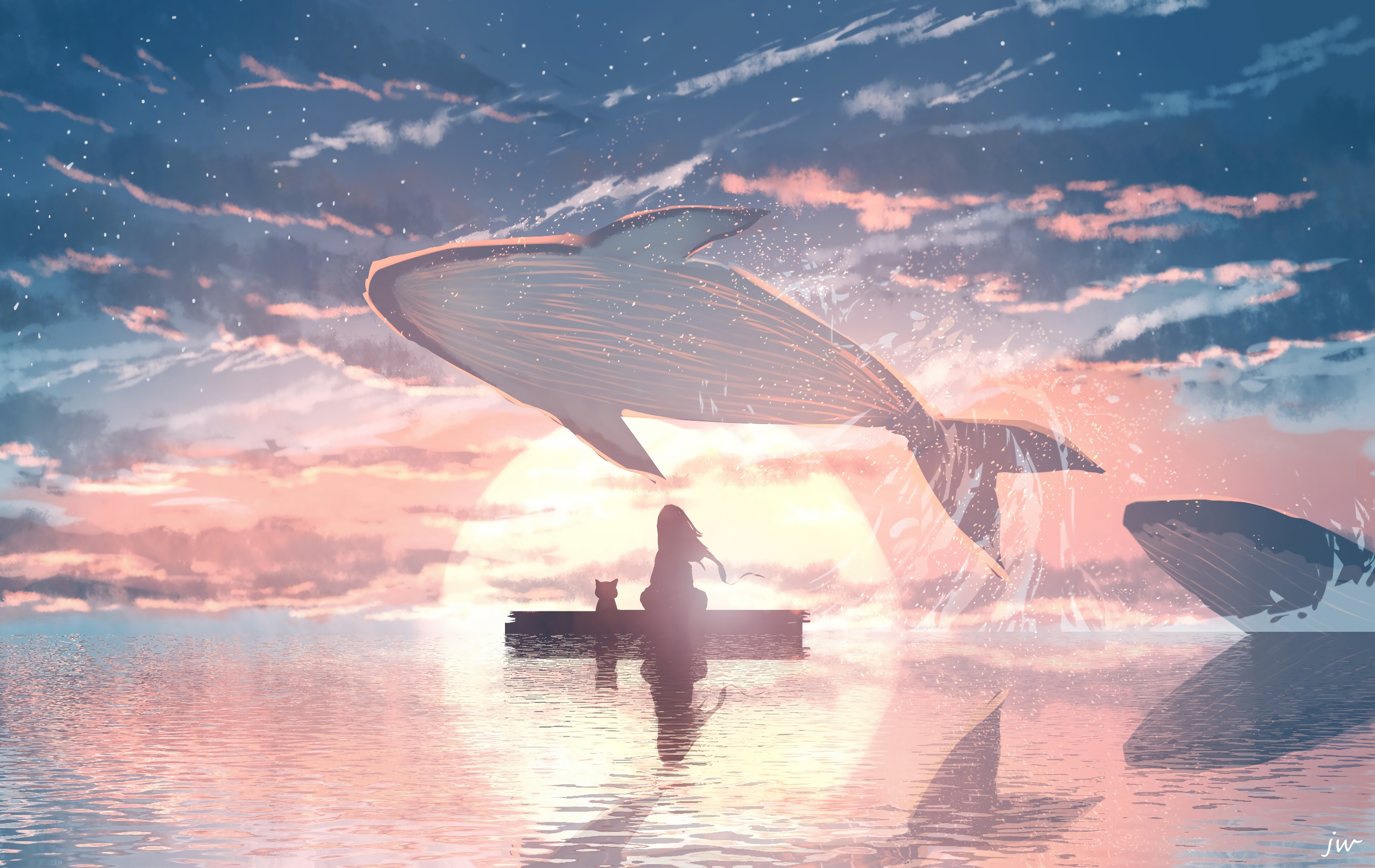 Anime 4000x2526 sea anime girls sunset whale water clouds animals The Legend of Hei silhouette sky