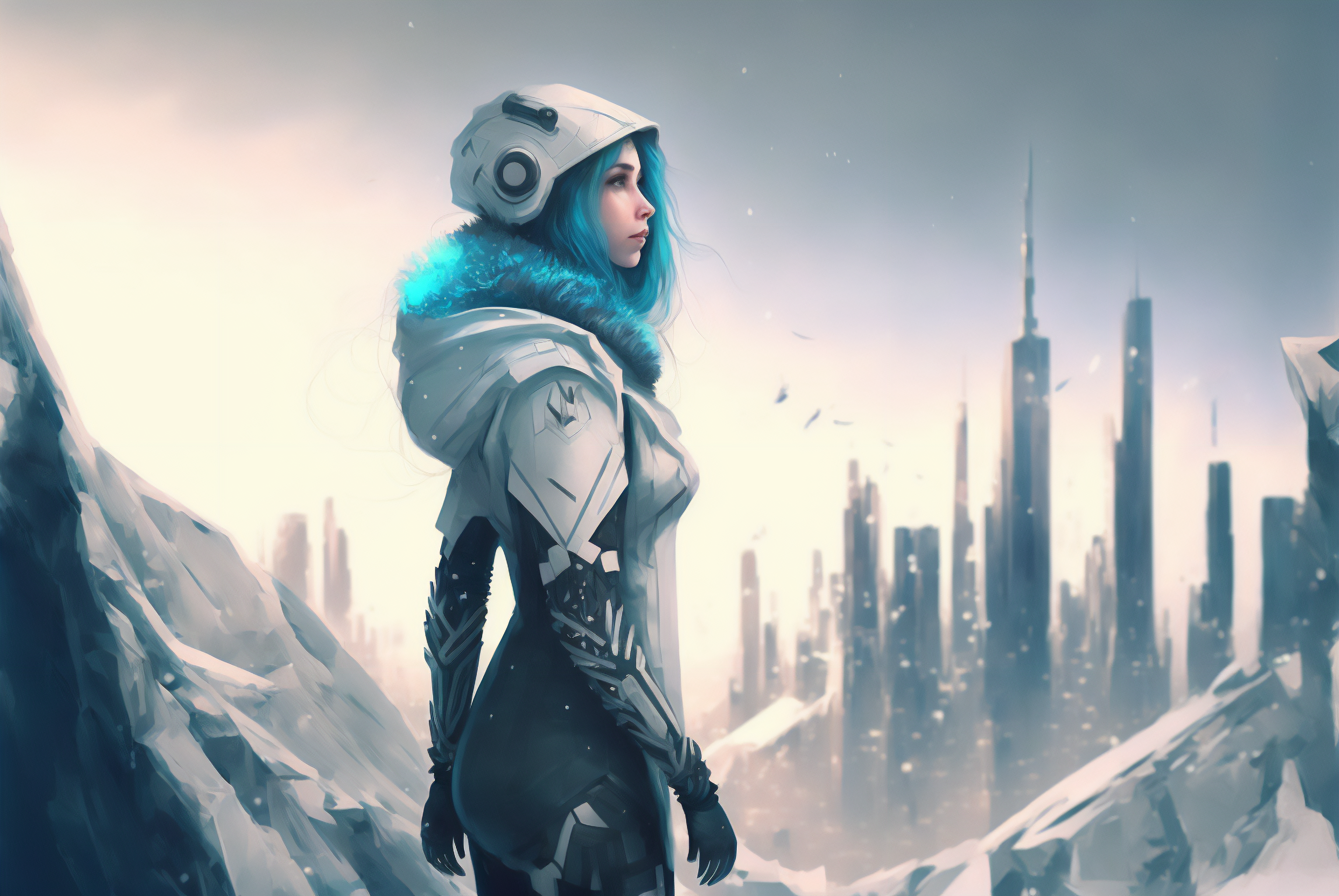 General 3060x2048 AI art women snow winter cyberpunk blue hair city illustration