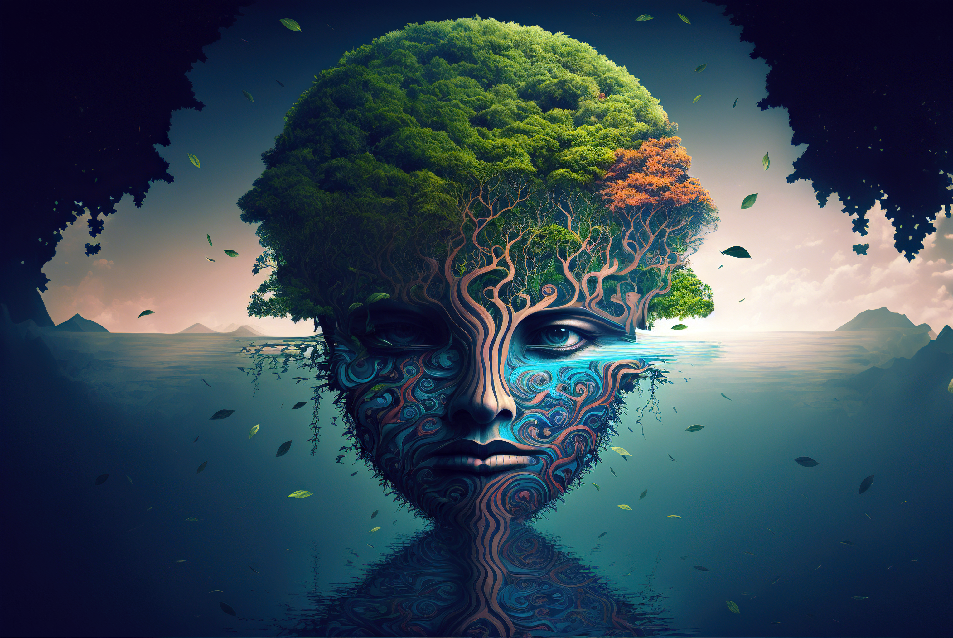 General 3056x2048 brain trees water Midjourney AI art face looking at viewer