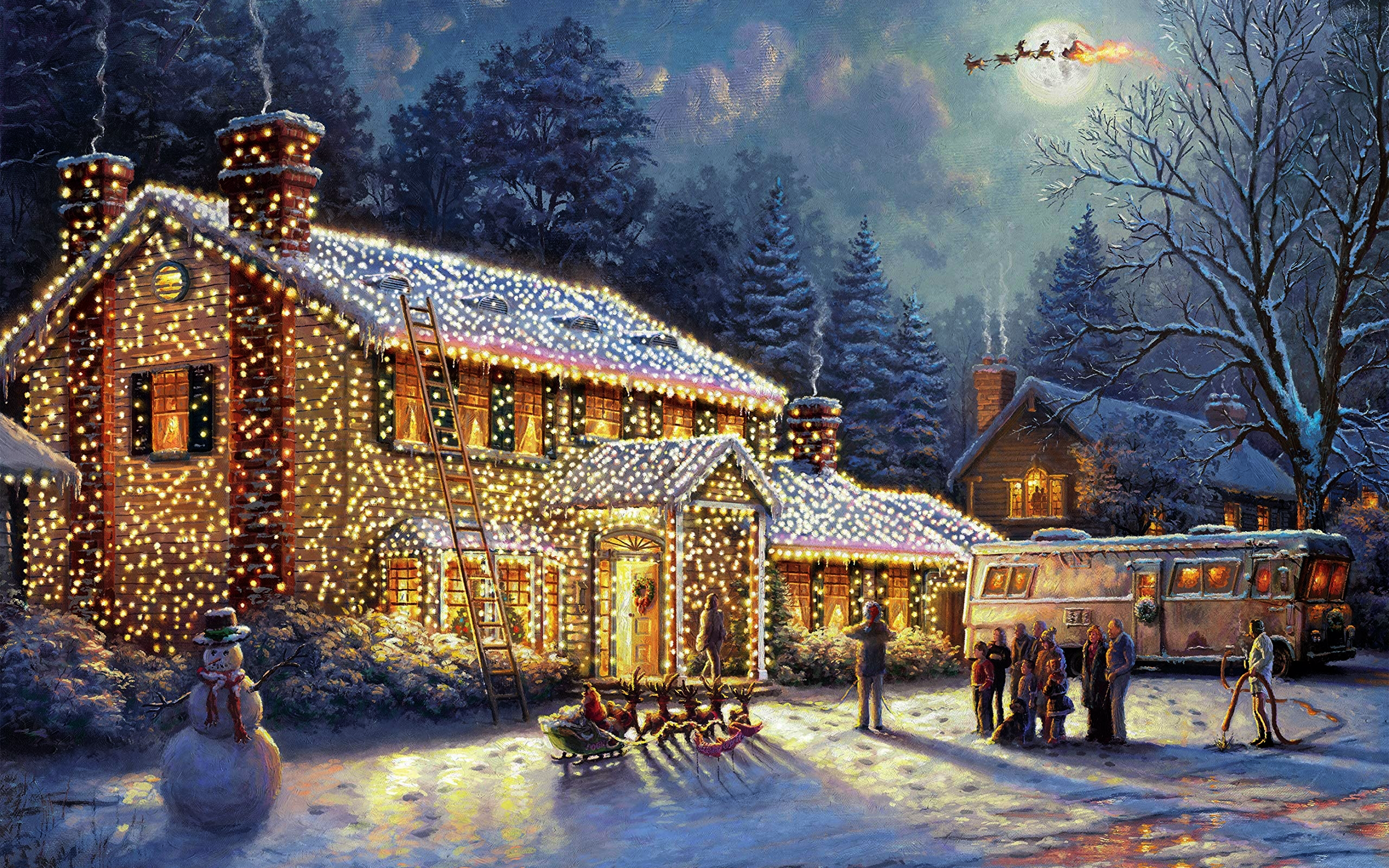 General 2560x1600 Christmas movies oil painting painting artwork snow trees Santa Claus lights snowman humor