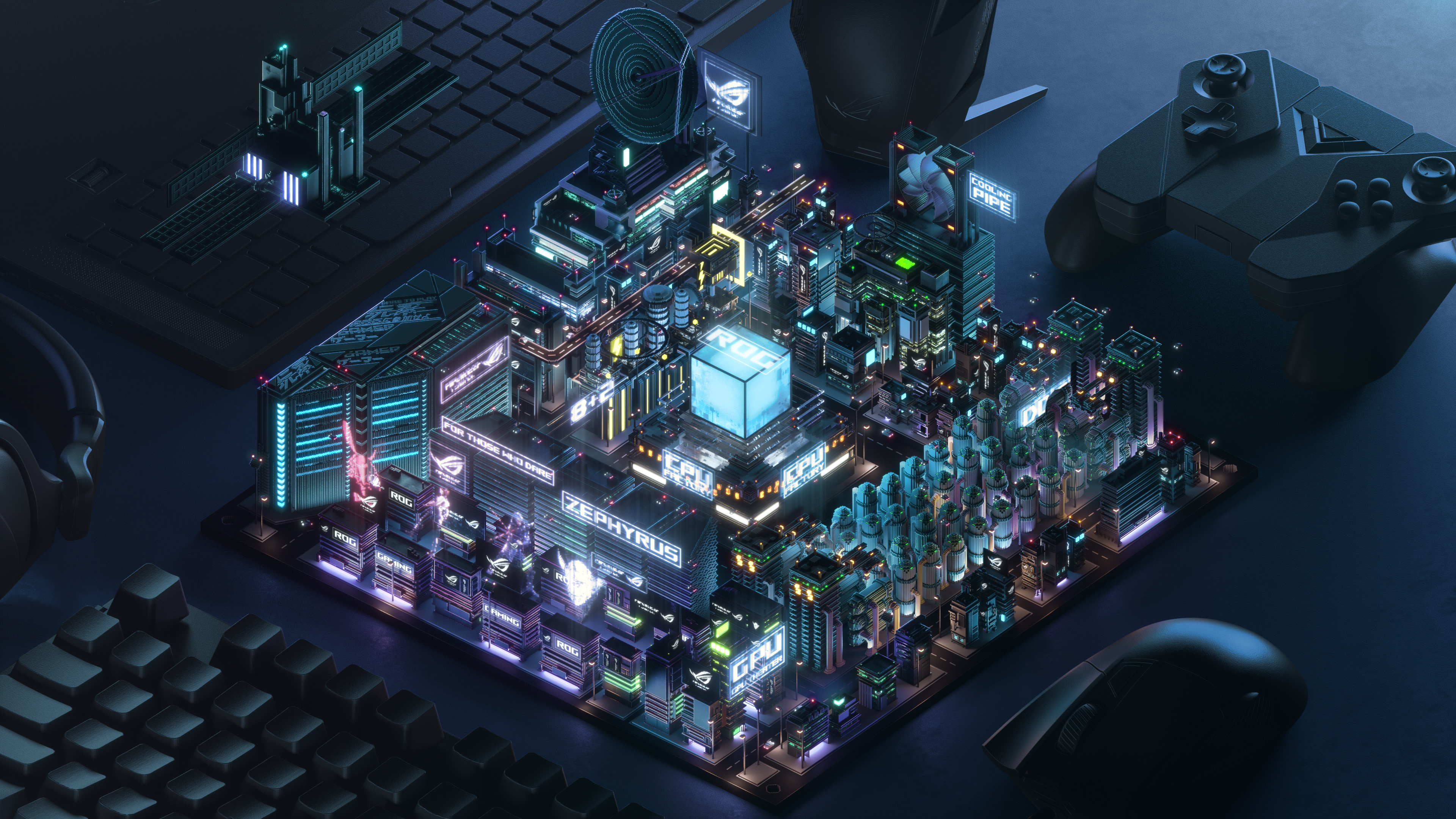 General 3840x2160 motherboards neon neon city Republic of Gamers controllers computer mice keyboards lights technology ASUS PCB