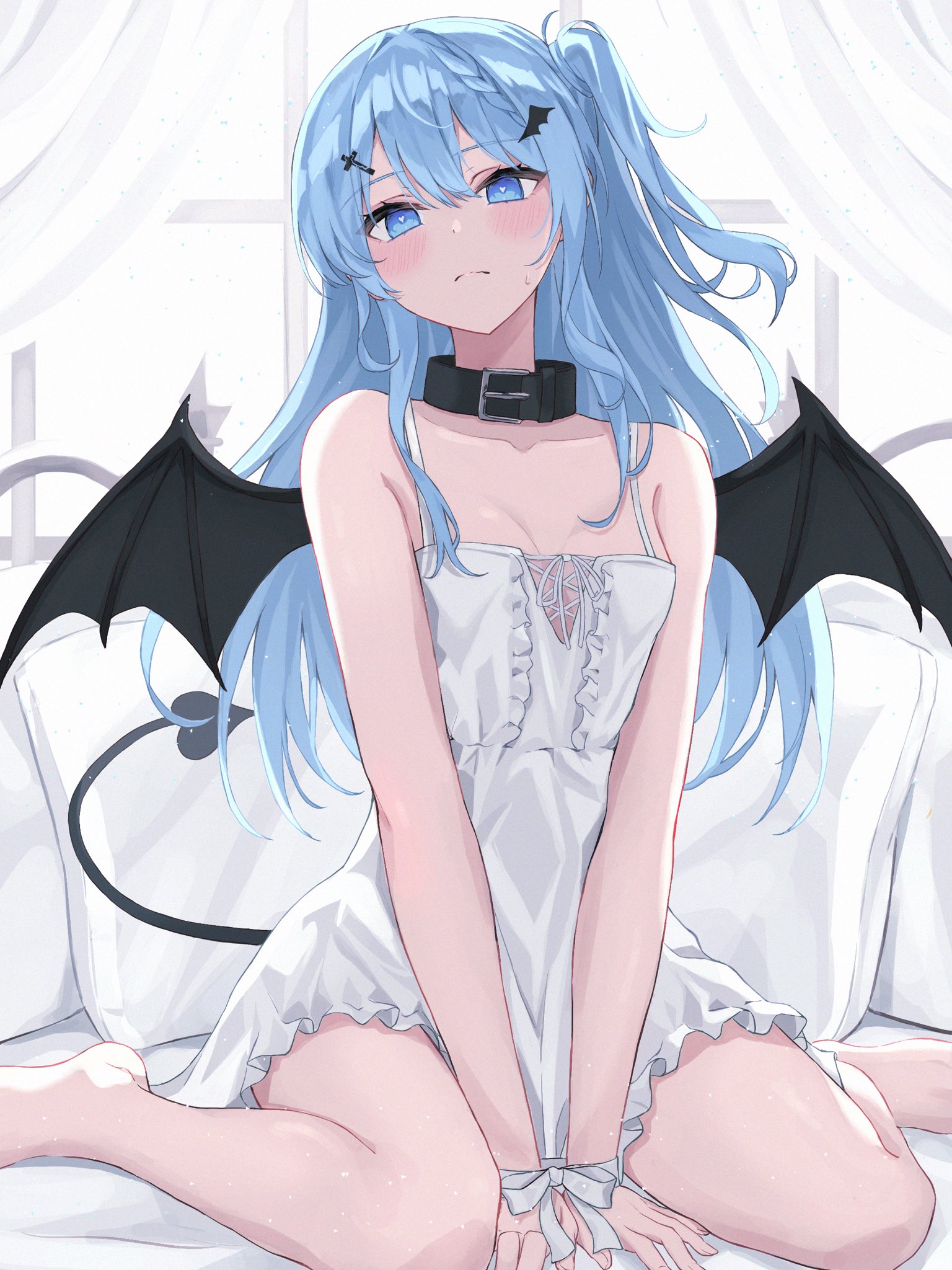 Anime 1536x2048 anime anime girls succubus demon girls demon tail bat wings collar blue hair blue eyes