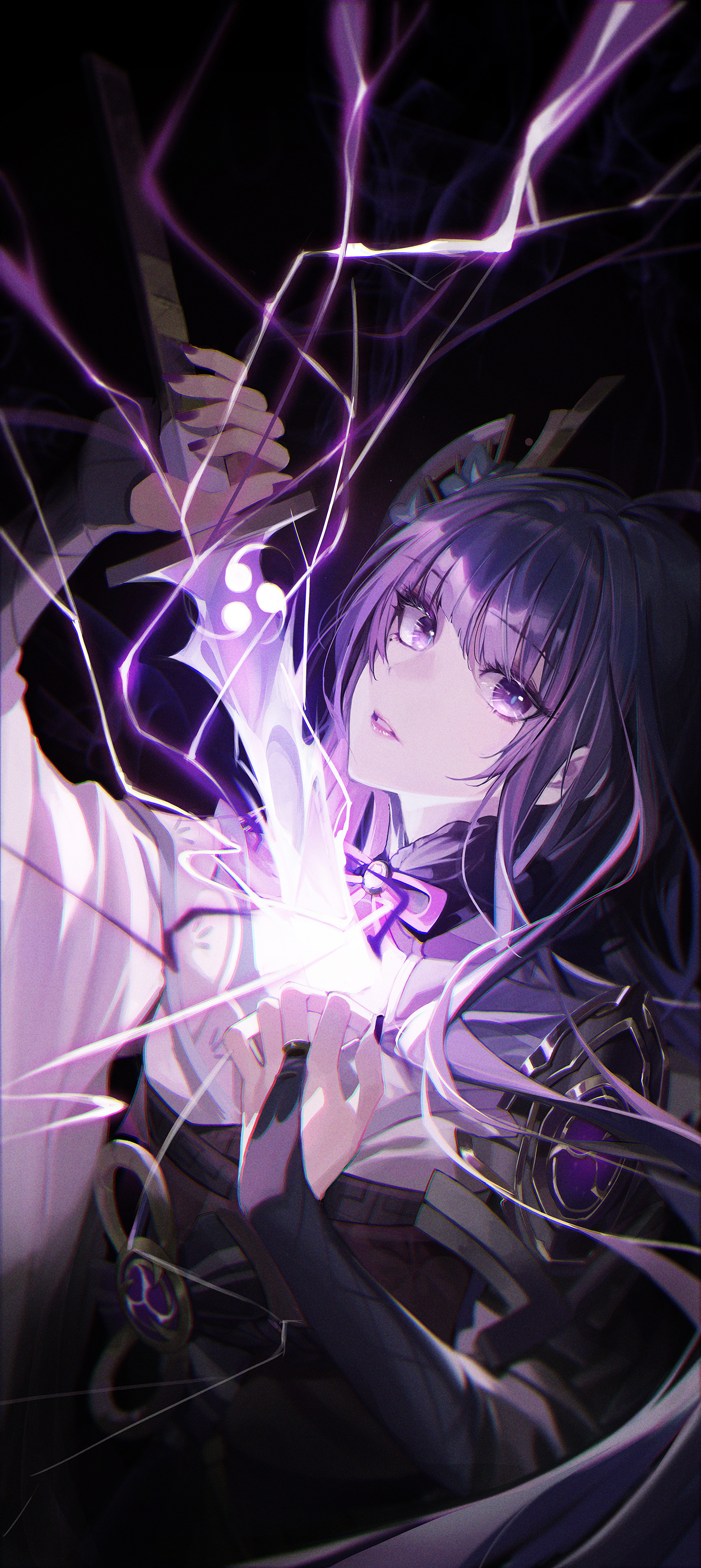 Anime 1500x3355 Genshin Impact Raiden Shogun (Genshin Impact) anime girls sword purple eyes purple hair lightning