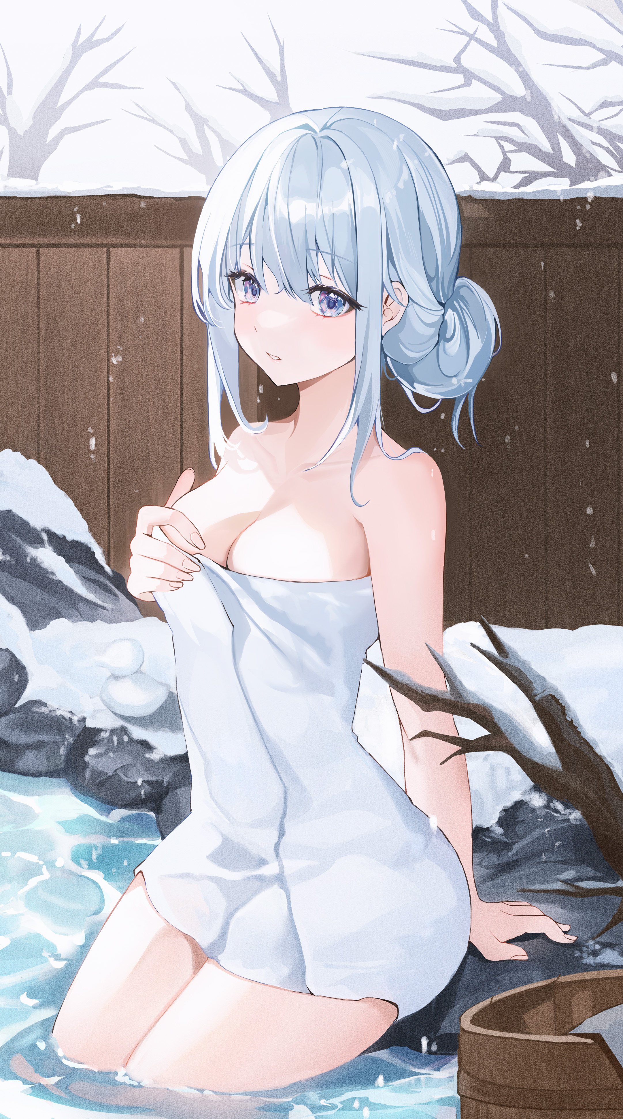 Anime 2162x3880 anime anime girls towel cleavage blue hair blue eyes water snow hot spring