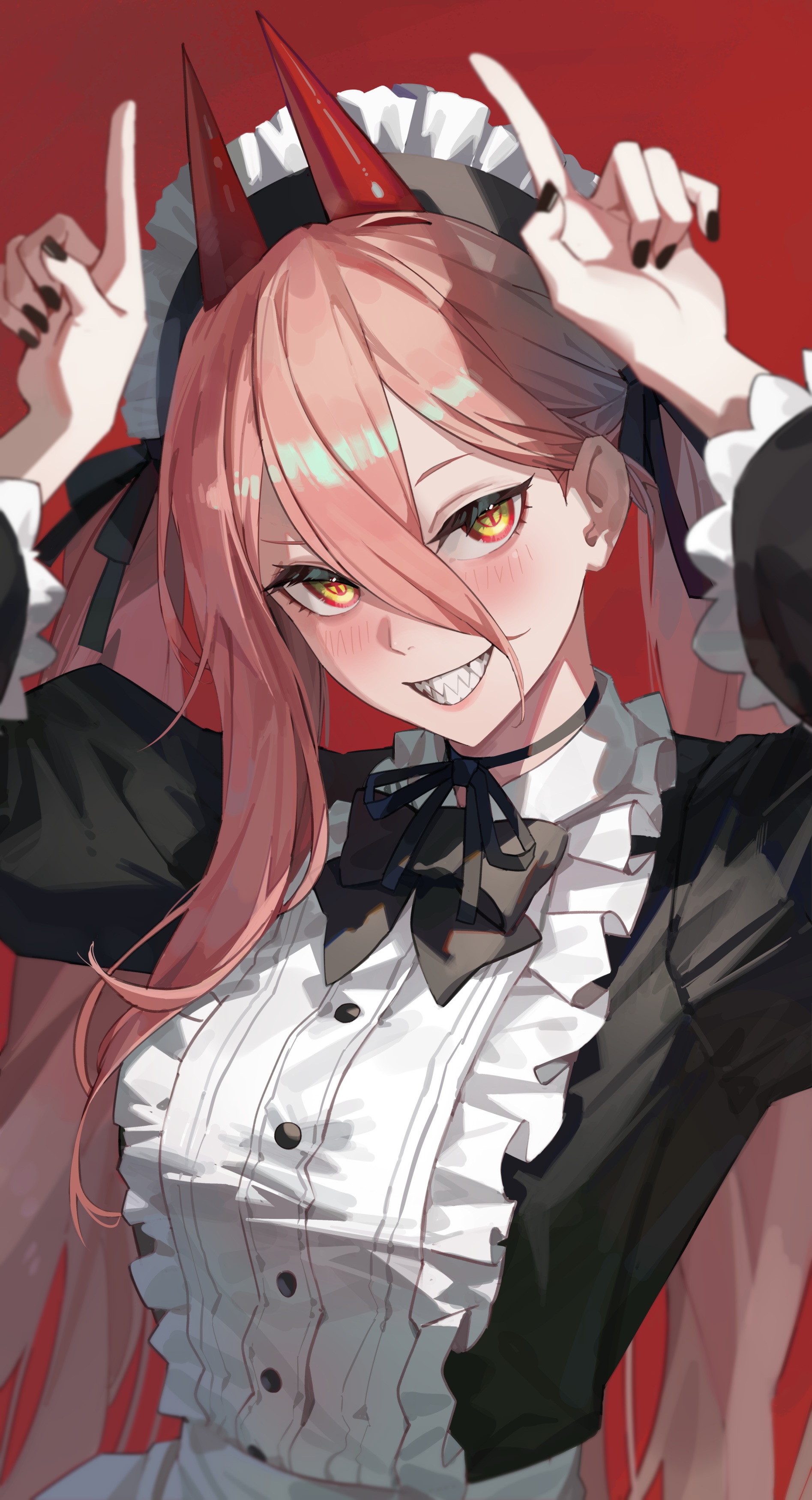 Anime 1895x3500 anime anime girls maid outfit horns Chainsaw Man yellow eyes Power (Chainsaw Man) portrait display bow tie twintails long hair
